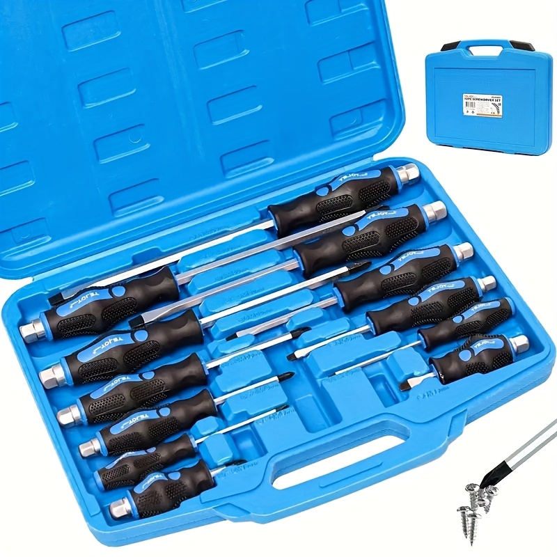 TEMU 12pcs Magnetic Screwdriver Set, Heavy Duty Screwdriver Set Steel Blades, Professional Level Handle With 2 Types Of Screwdrivers In Case, Includes Phillips/flat