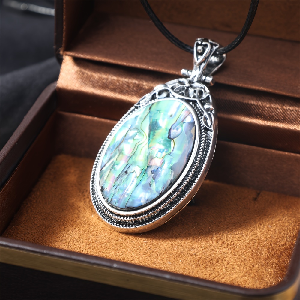 

1pc Oval Abalone Shell Pendant, Natural Stone Vintage Bohemian Style Necklace Charm, Female Necklace