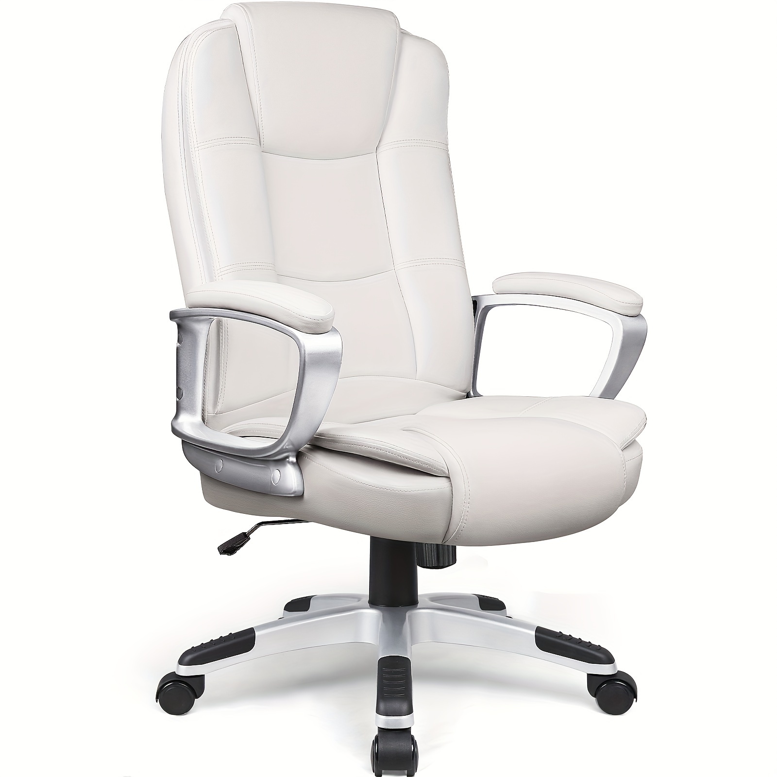 

Ergonomic Executive Office Chair - High Back, Adjustable Height, Leather With Cushioned Armrests And Metal Frame, 5-wheel Base For - Ideal For Long Sitting, White