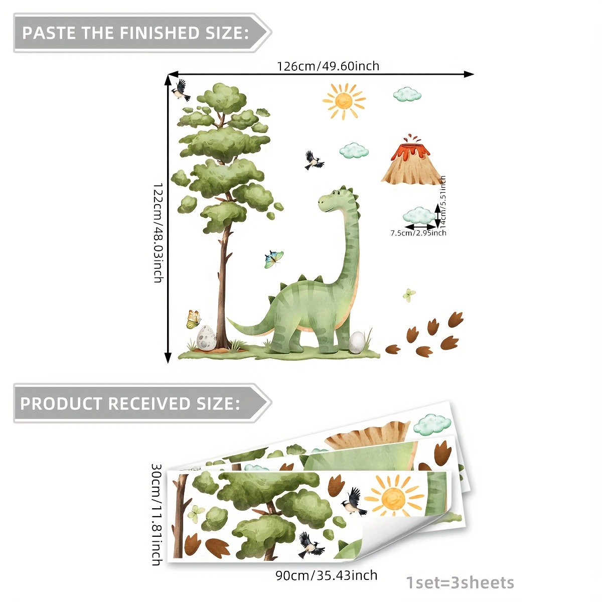 Image of 3pcs Set 30*90cm*3pcs Dinosaur Tree Clouds Volcano Wall Stickers For Living Room Bedroom Home Background Decoration Self-adhesive M16037-yj