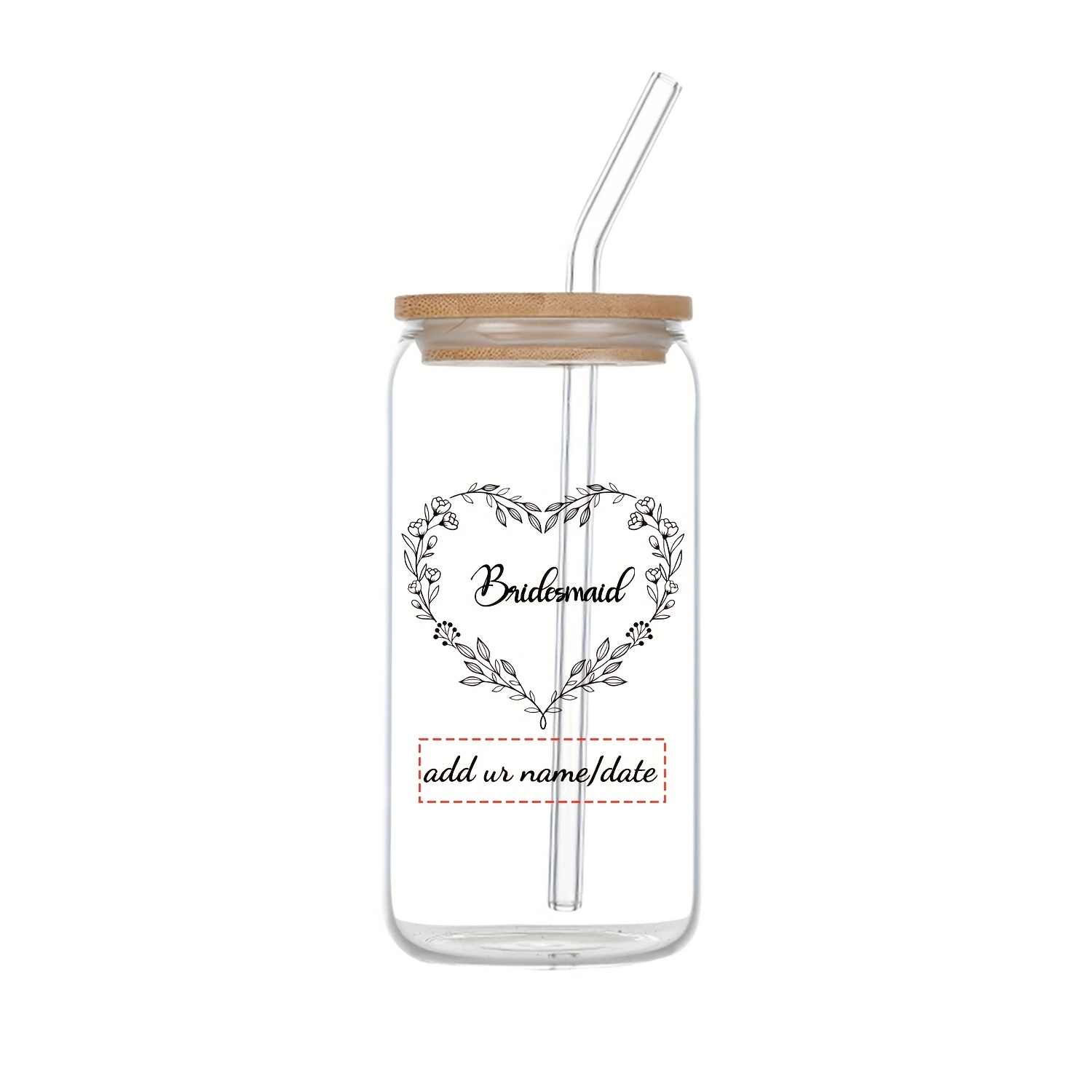 TEMU 1pc Customized Glass Tumbler, Bride/bridesmaid Name, Bridesmaids, Bride, Maid Of Printed Pattern, 16oz Coffee Glass Soda Glass Jar With Lid And