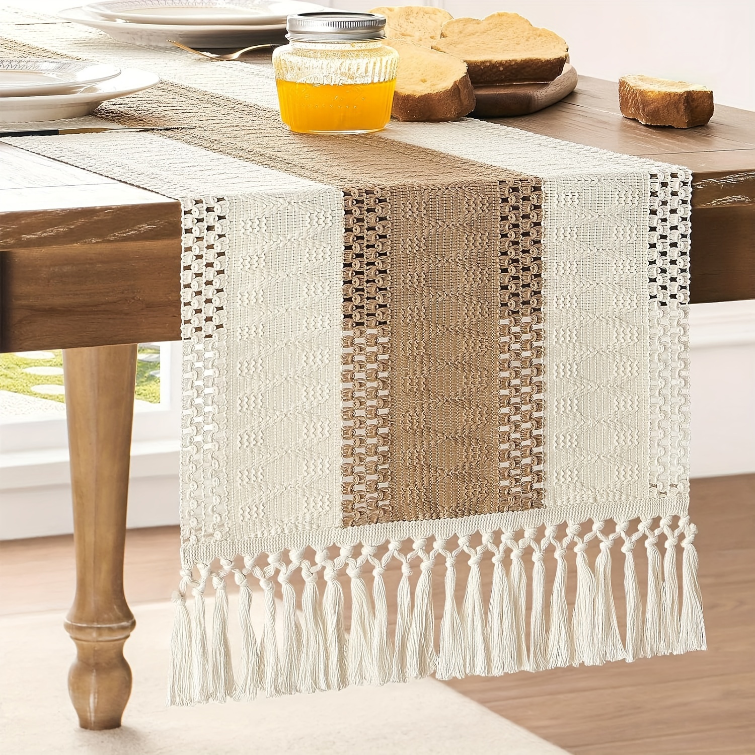 

Bohemian Chic Crochet Table Runner With Tassels - Cream & Brown, Handcrafted Lace Design For Home And Dining Decor, Thanksgiving & Christmas