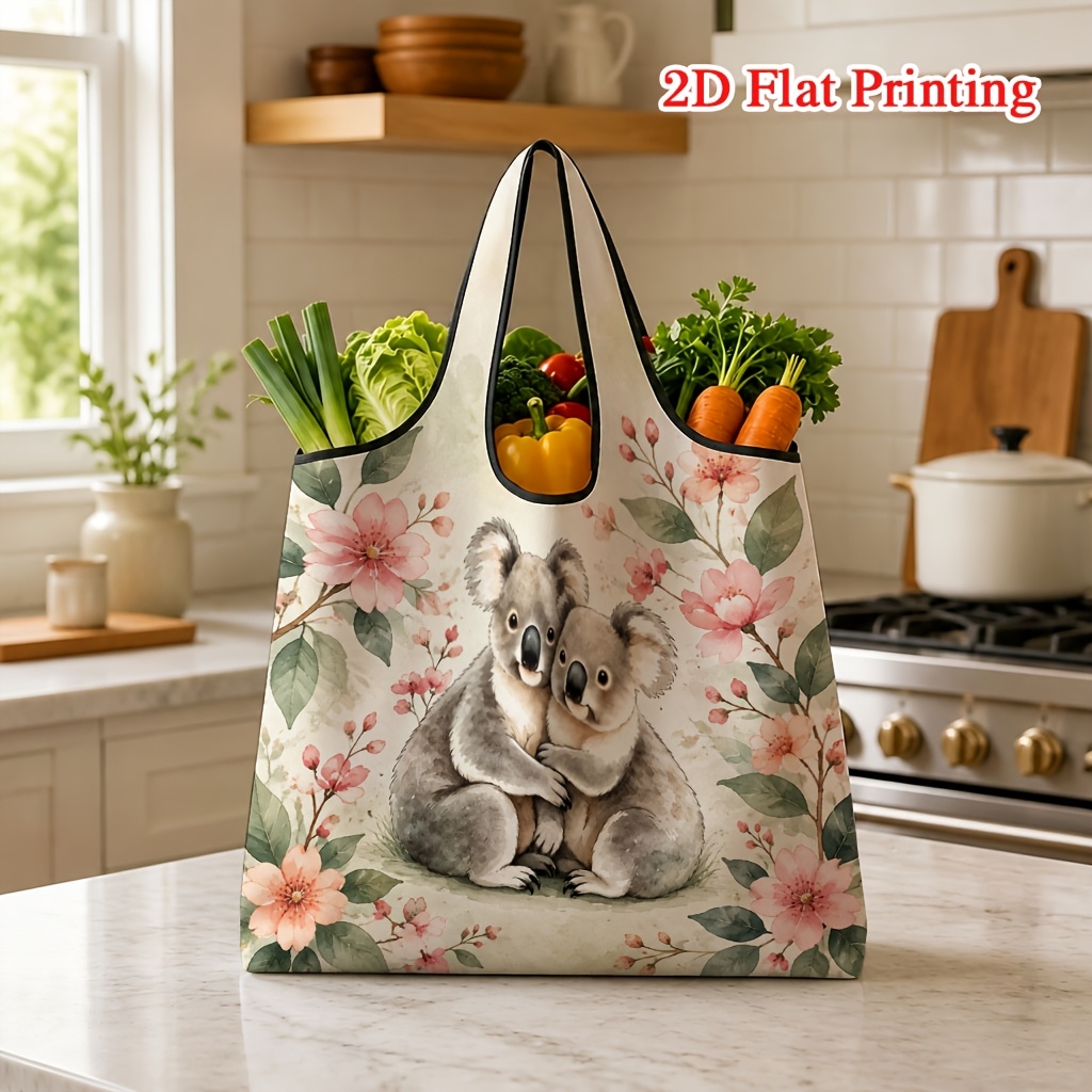 TEMU 1pc Watercolor Koala Flower Print Shopping Bag, Soft And , Suitable For Grocery Shopping And Travel, Machine Washable With Shoulder Strap,