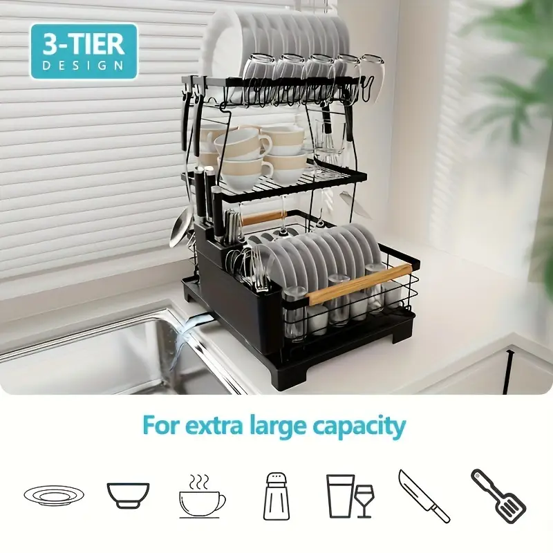 2 3 tier large dish drying rack with heavy duty iron kitchen organizer for dishes utensils cups knives space saving countertop storage with lower compartment Product details 2