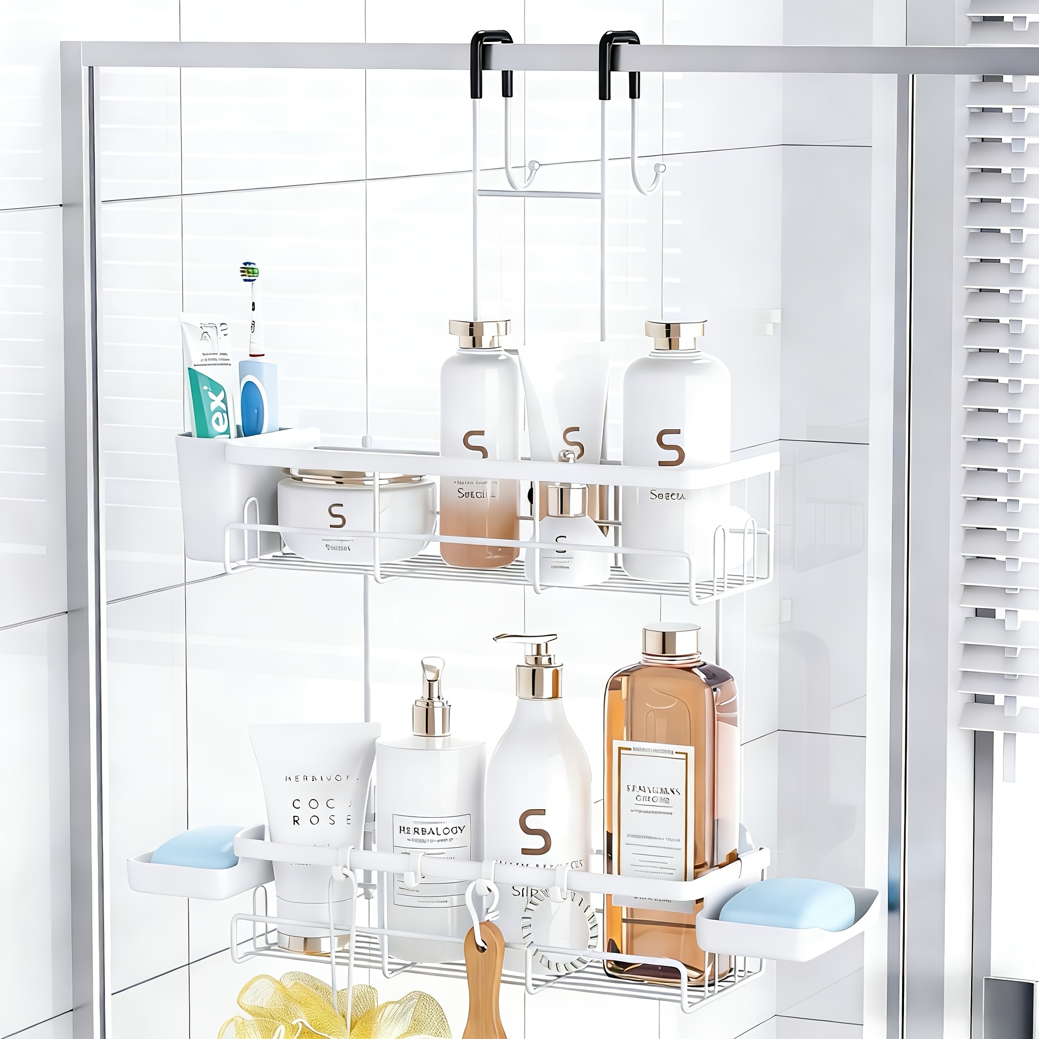 Image of Over The Door Shower Caddy Hanging: Black Rustproof Shower Organizer Over The Door - No Drilling Bathroom Rack For Inside, Random Colors , Shower Caddies