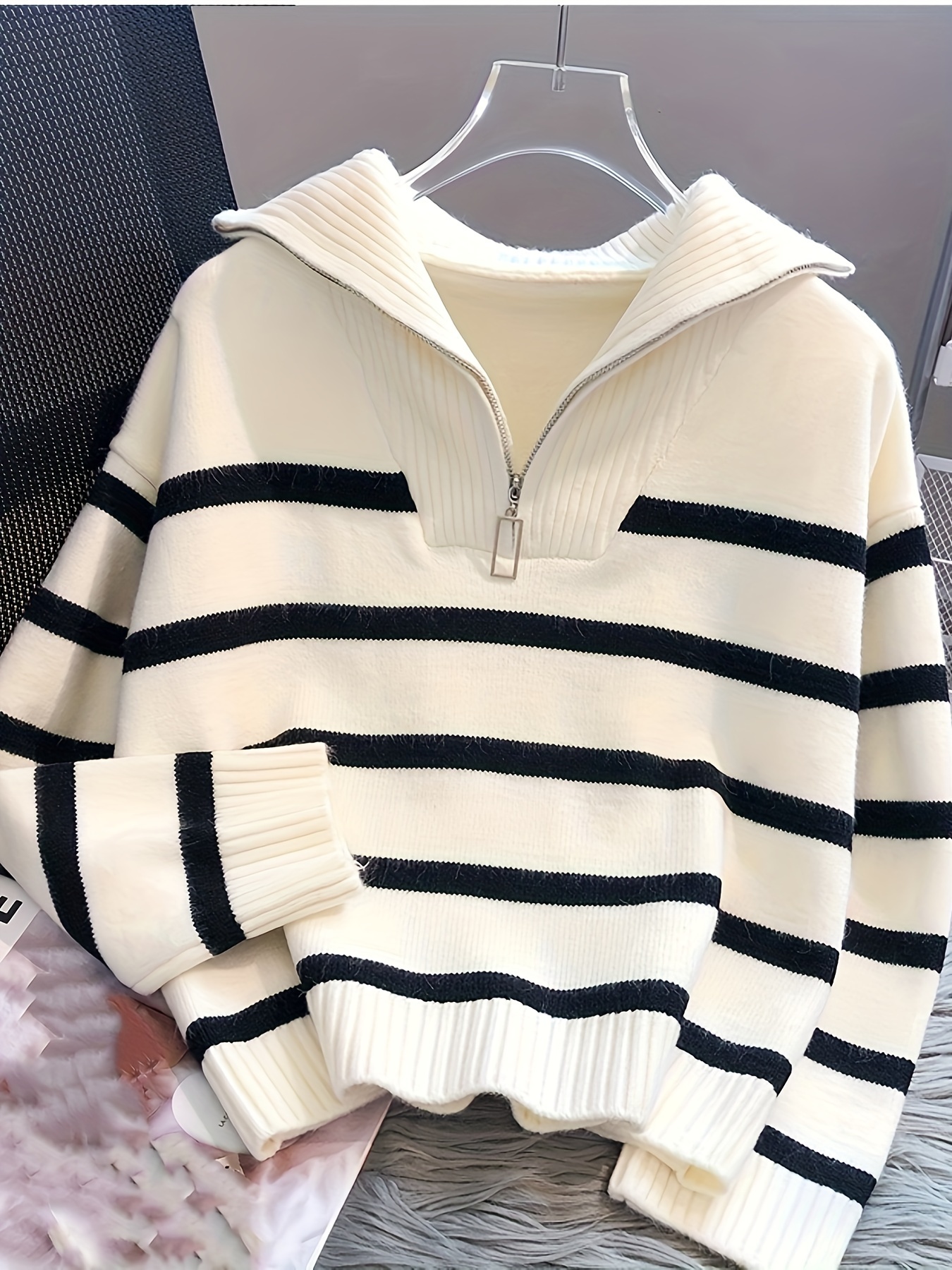 womens striped sweater half zip front black white horizontal
