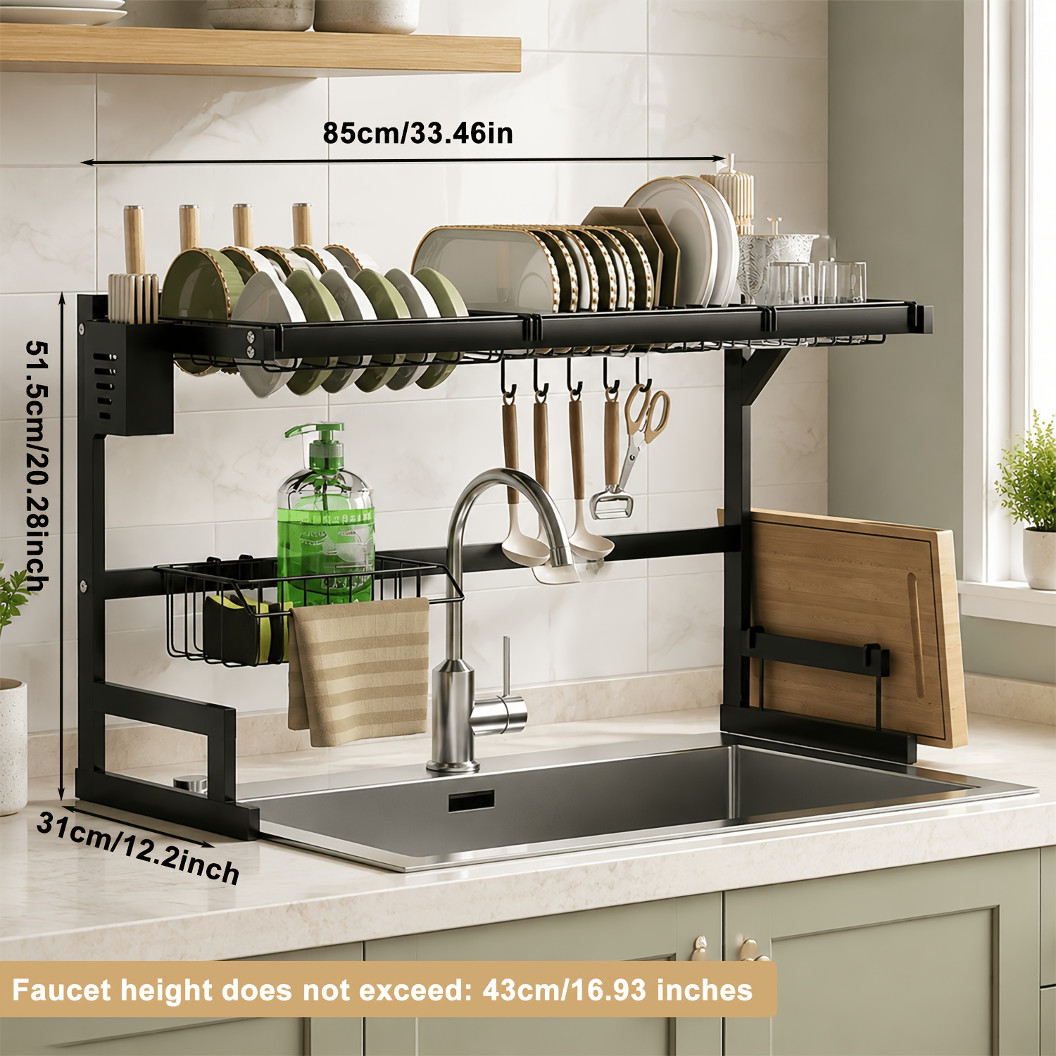 2-tier Large Bowl And Dish Drainer, Dish Drying Rack, Kitchen Rack With Cutlery Holder, Hooks, And Cutting Board Holder, Space- Countertop Organizer