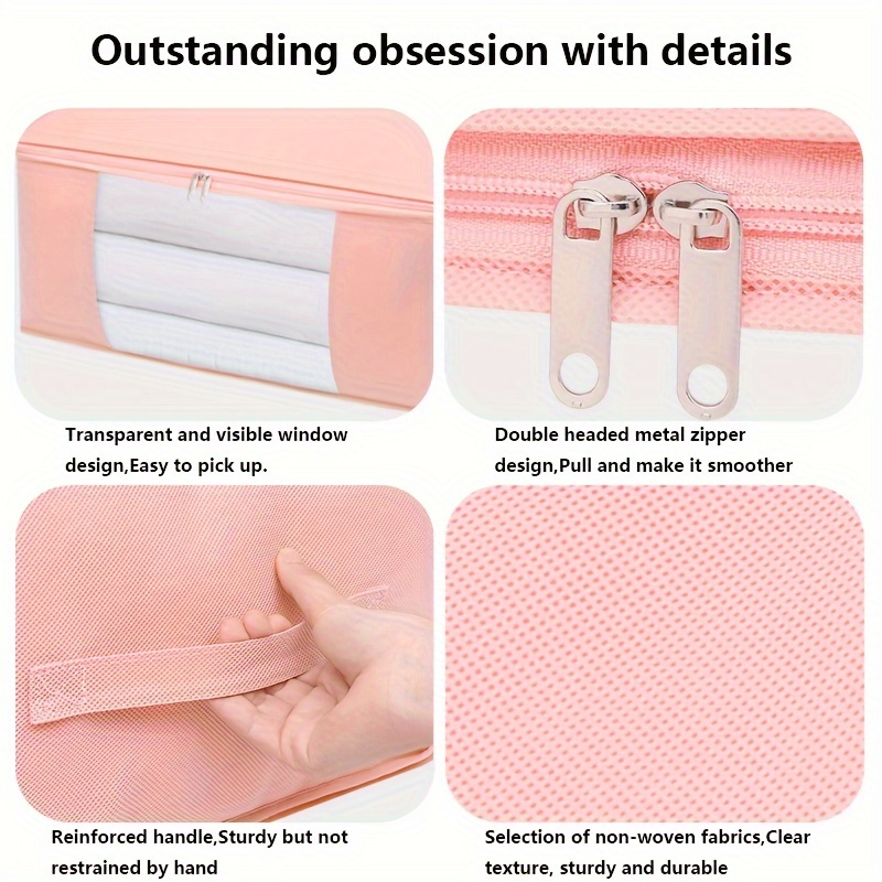 3pcs thickened and reinforced portable foldable zipper storage bag storage bag with transparent window and handle foldable wardrobe storage container with   handle can hold clothes blankets quilts sheets pillows and toys silvery gray sky   pink under bed storage details 1