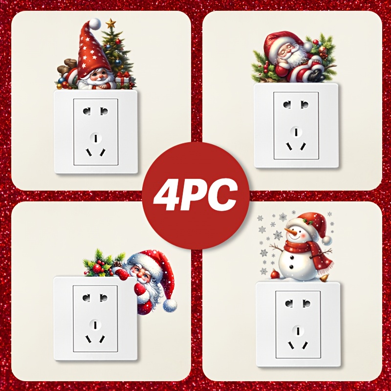 TEMU Set Of 4 Adorable Stickers Featuring Santa Claus And A Snowman, Along With Snowflakes, Perfect For Decorating Light Switches. Self-adhesive Pvc