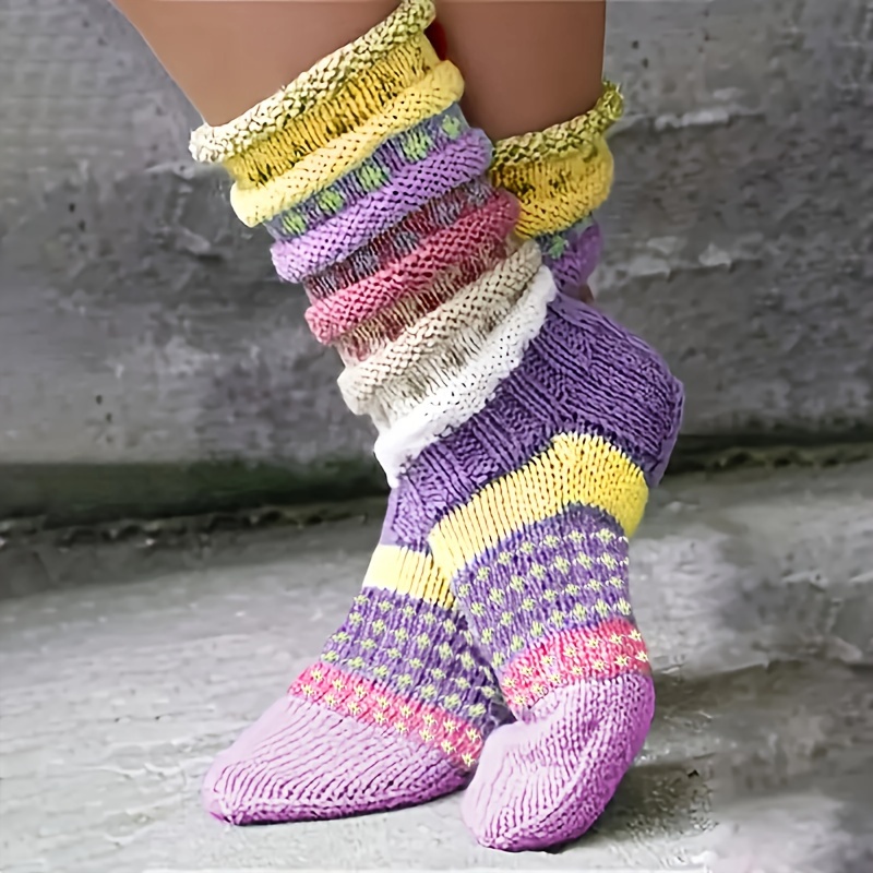 TEMU Winter Colorful Floor Socks, Warm Fashionable Comfortable Breathable Mid-calf Socks, Women's Long Socks