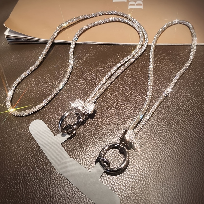 

Silvery Bowknot Full Diamond Mobile Phone Lanyard Adjustable Short Wrist Rope Long Neck Strap Back Rope Sling Clip Phone Case Universal