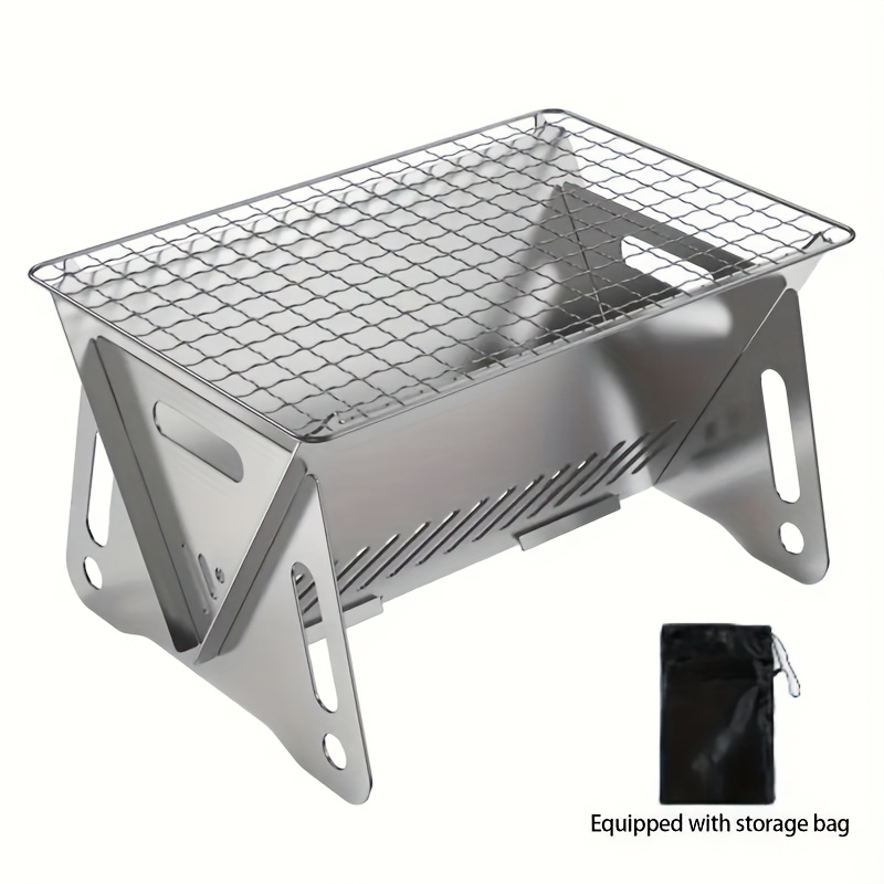 1pc Portable Mini Stainless Steel Foldable Camping Bbq Stove - Wood-burning Compact Outdoor Cookstove With Detachable Shelf & Carry Bag For Camping, For Family Or Outdoor Camping Bbq