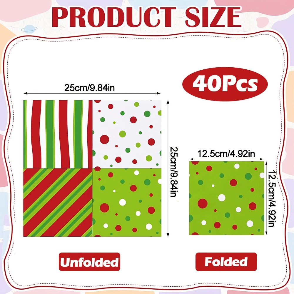 TEMU 20/40/60pcs Christmas Paper Napkins Disposable Xmas Guest Napkin, Red Green White Polka Dot Stripe, 4 Styles On A Single Sheet Of Paper, 2