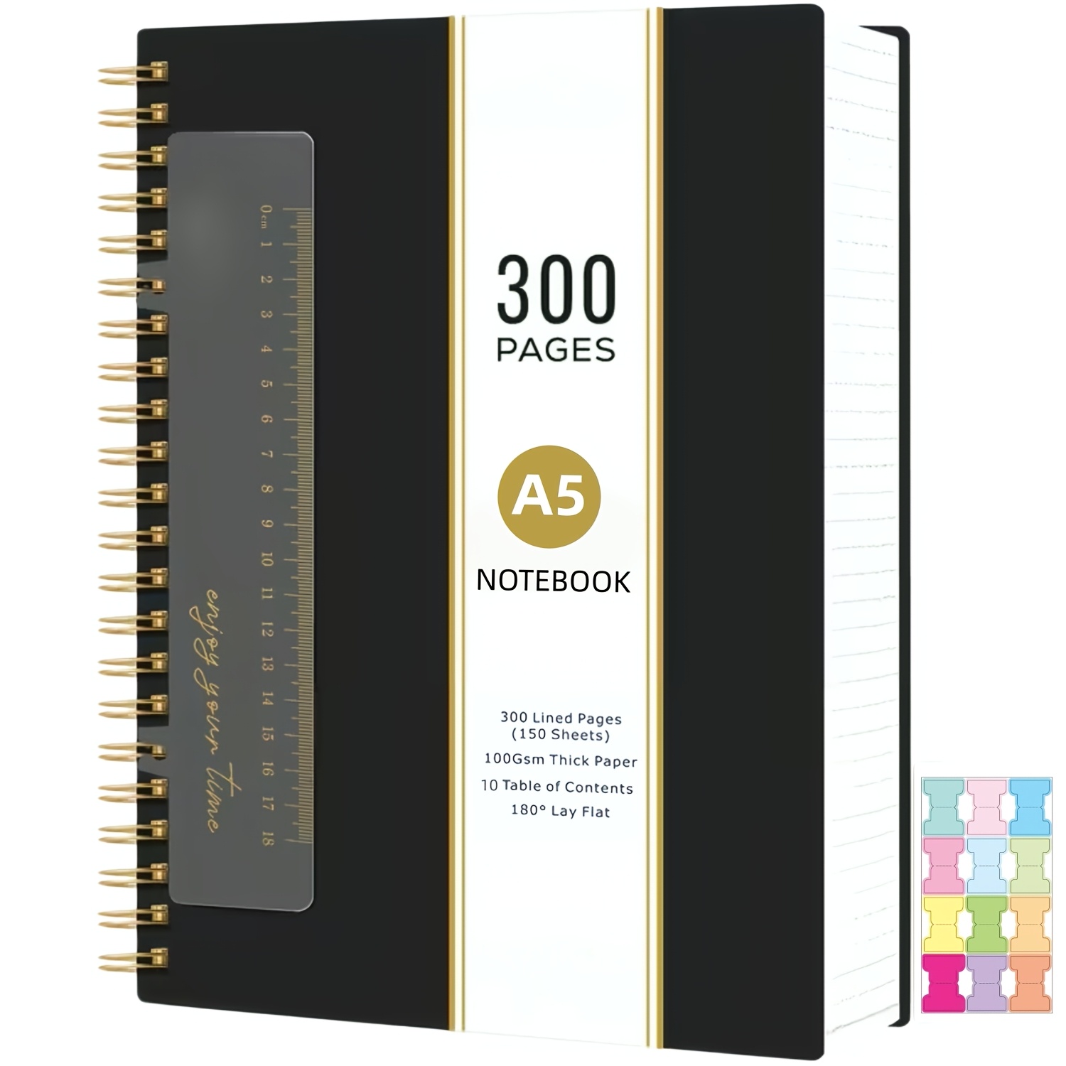 Image of 300 Pages A5 Spiral Lined Notebook With Pockets, Index Stickers 300 Pages 100gsm Thick Spiral Writing Journal For , Large A5 Notebooks For Work, School Supplies, 21.3cm X 16.5cm