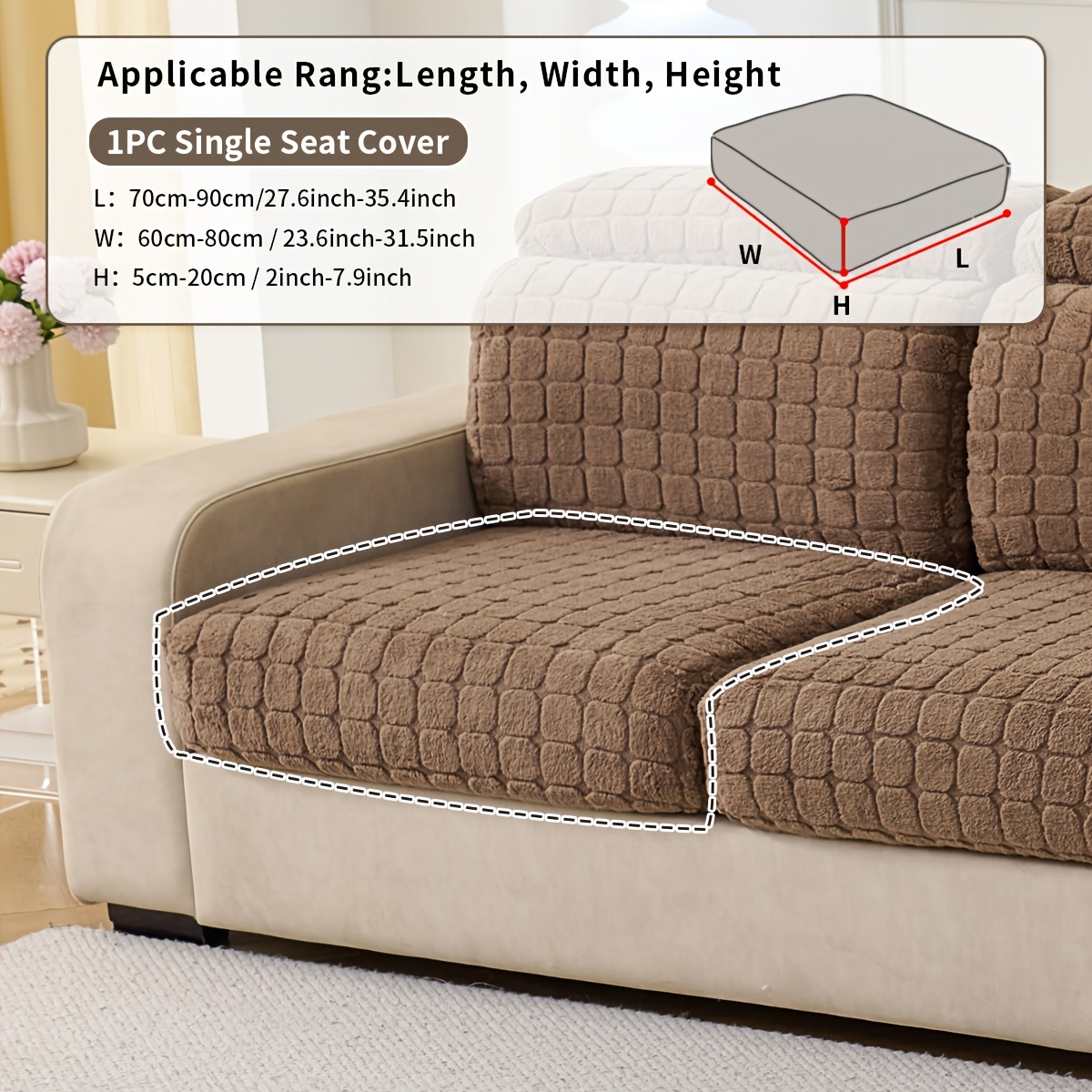 TEMU 1pc Checkered Pattern Sofa Cover, Easy , Plush Velvet Jacquard Material, Separate Seat Sofa Cover, Khaki, Brown, Gray, Beige Optional,