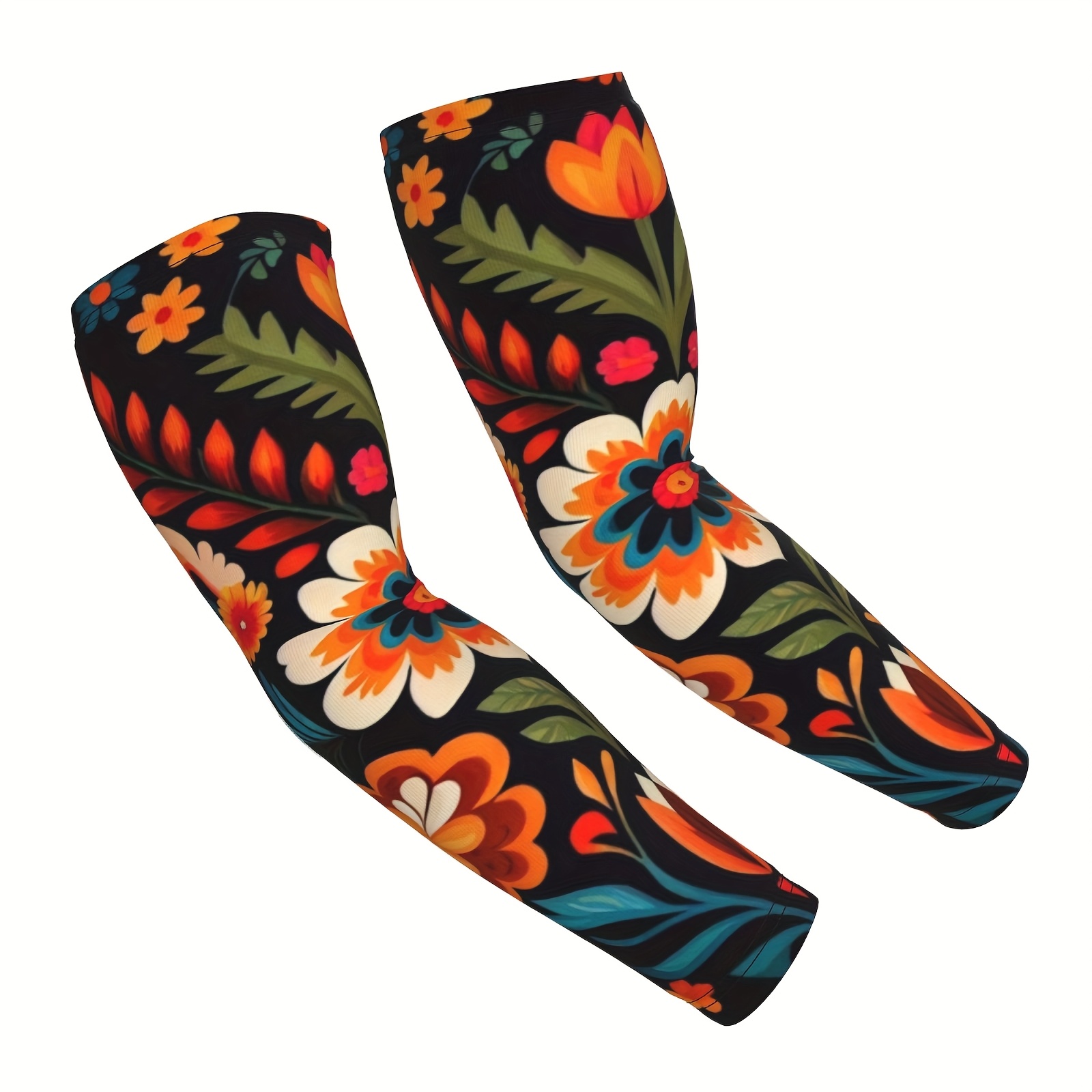 TEMU Pair Of Vibrant Floral Print Arm Warmers - With Colorful Flowers & Leaves, Stylish Design For Daily Use, Wear, Everyday , Arm Warmers