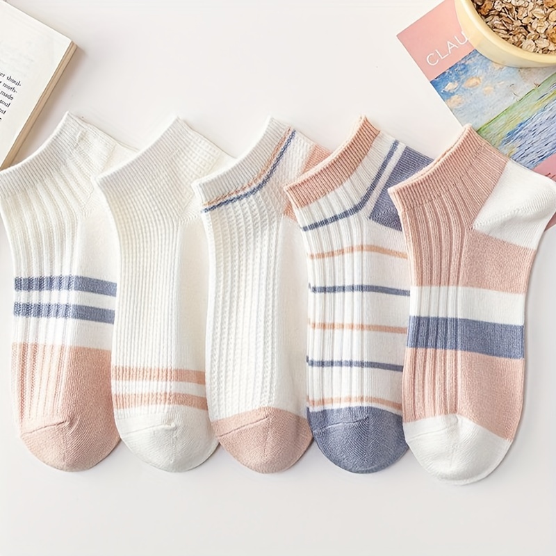 

5-pack Women's Striped Socks, Polyester & Spandex , Hand Wash Only, Solid Color, Short Ankle, Knitted, Fashion Accessories For Ladies