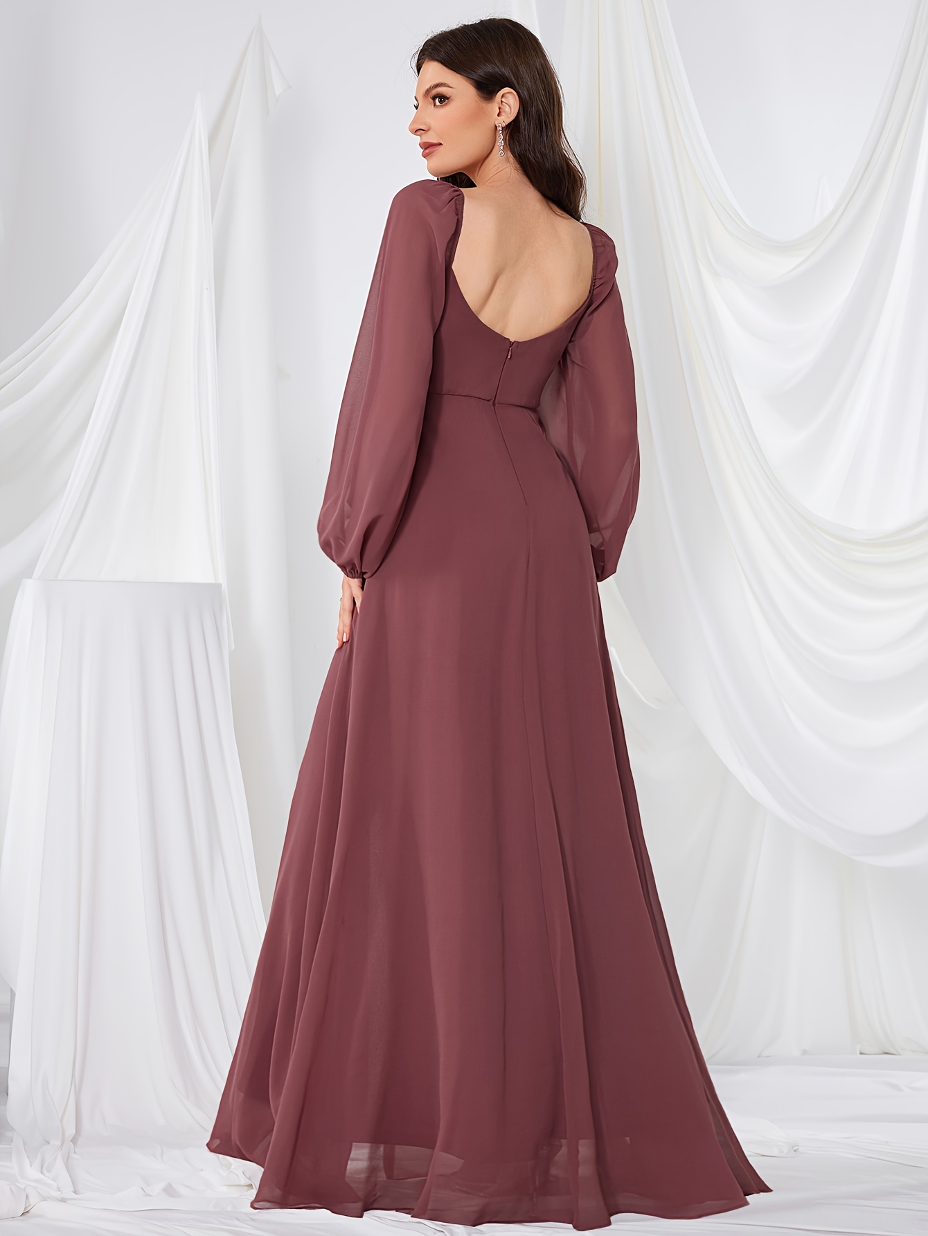 square neck long sleeve dress waist draping slit backless - Temu Mauritius