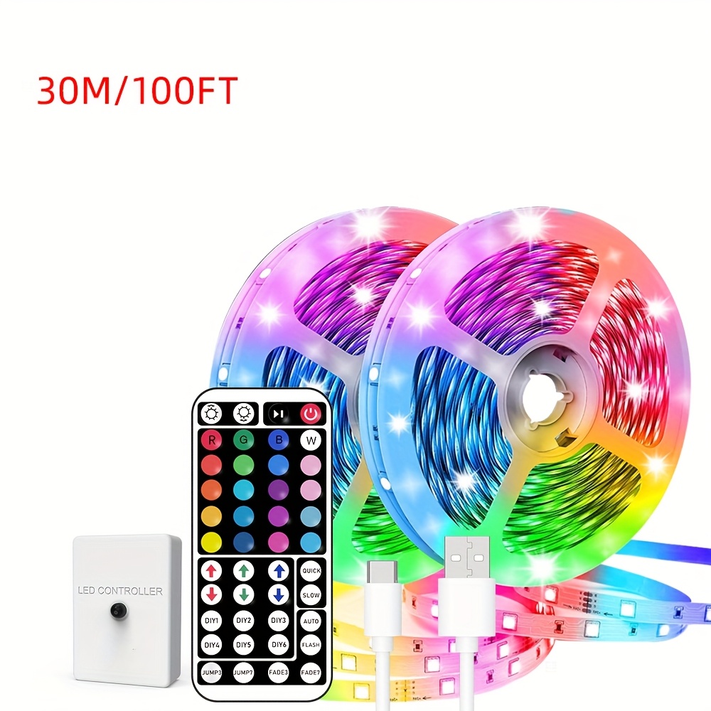 TEMU Led Strip Lights Smart App Control Music Sync Color Changing And Timing Function Rgb Led Light Strip With 44-key Remote, For Room Decor And