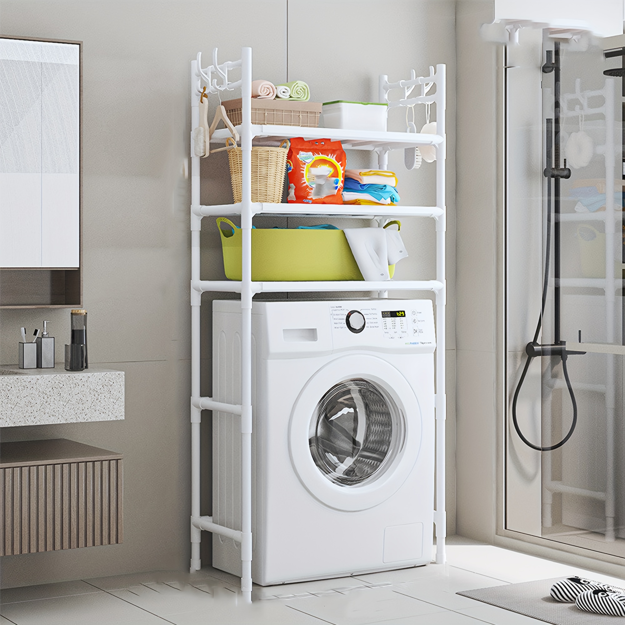 TEMU 2-tier/3-tier Multifunctional Home Washing Machine Storage Rack Floor Organizer Rack Large Capacity Hooks Bathroom Toilet Above Punch-free
