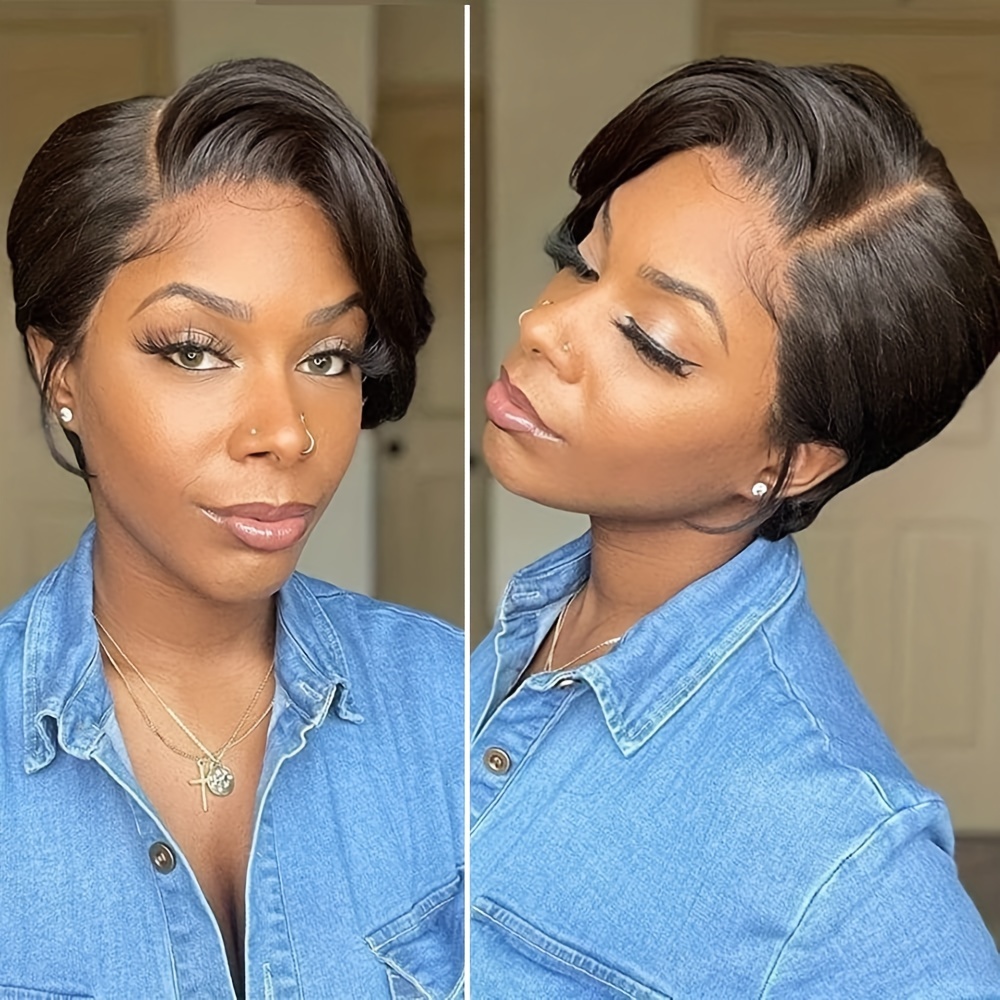 Sleek and Stylish 13x1 Lace Front Human Hair Pixie Cut Wig with T Part -  Perfect for Short Hair Styles and Side Parting