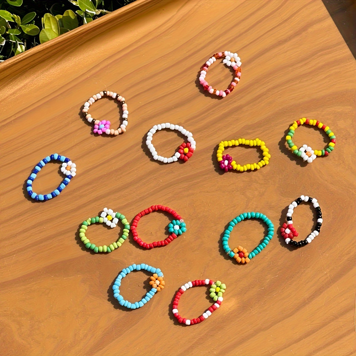 12pcs Colorful Elastic Bohemian Flower Ring Set, Handwoven