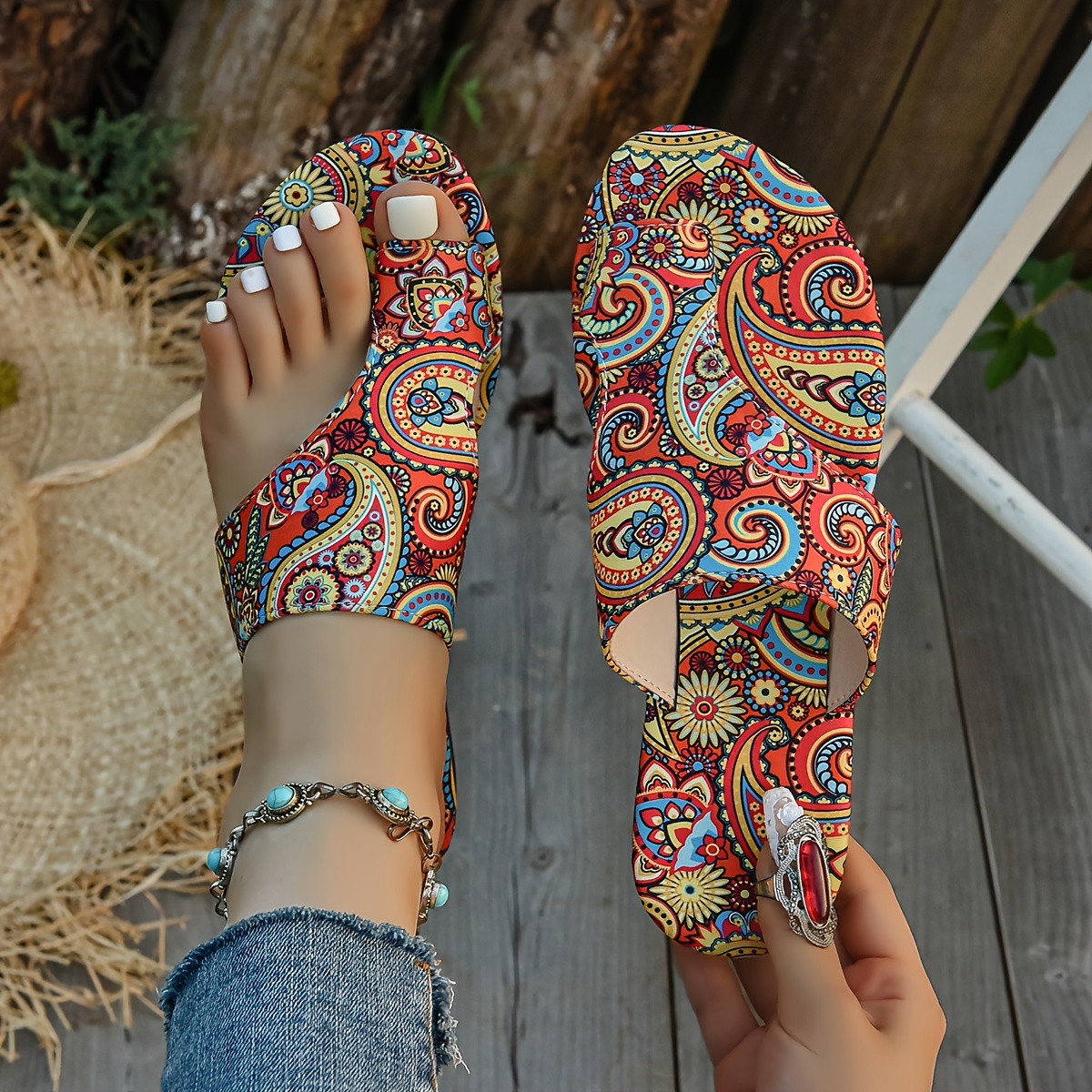 

Bohemian Flat Sandals - Casual Open Toe Slippers With Colorful Pattern, Fabric Upper, Rubber Sole, Pu Inner Material, Slip-on For Summer Fashion