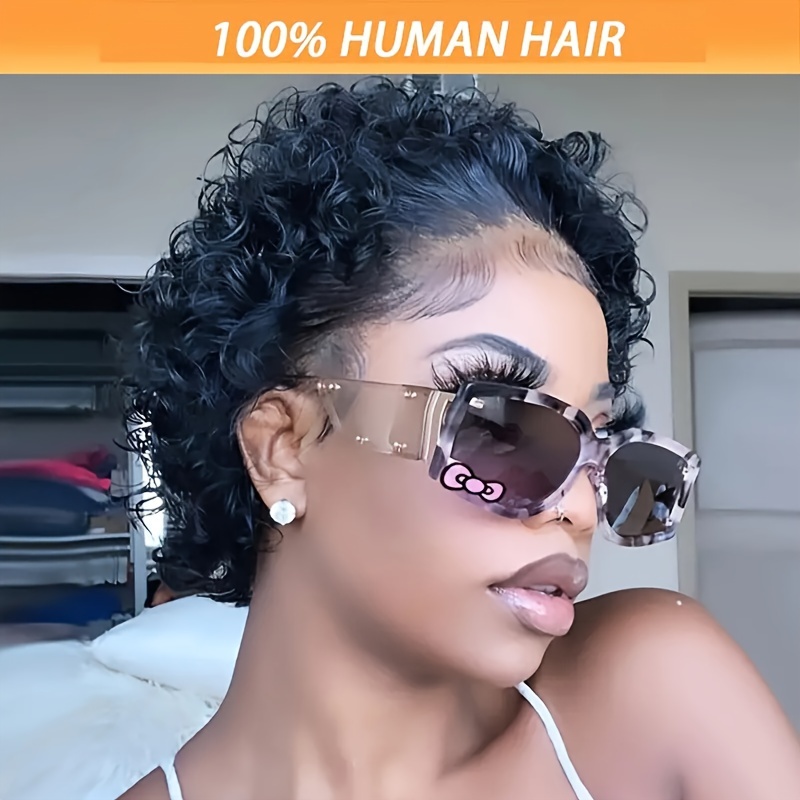 

Short Curly Cut Wig - 13x1 Transparent Lace Front Brazilian Human Hair, 150% Density, Black, 6-inch, For Women, , Hairstyle | Stylish Short Wig | Full Wig, Short Hair Wig