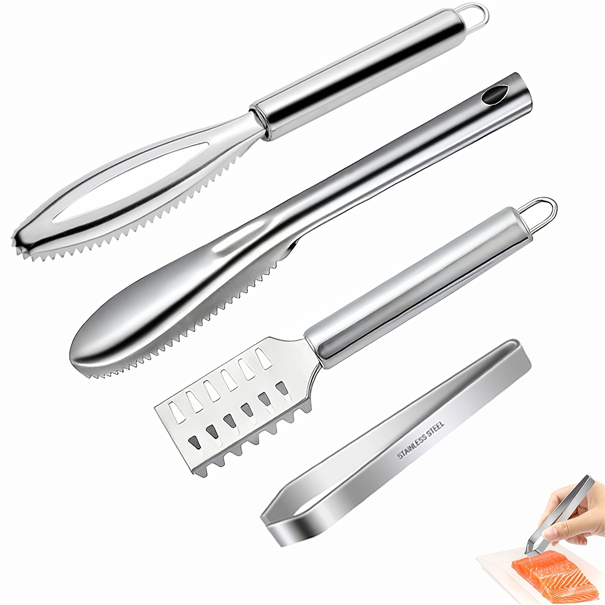 TEMU 4pcs/Set Enlève-écailles de poisson, Brosse à écailles de poisson en acier inoxydable, 3 outils d'enlèvement d'écailles de poisson et 1 pince à