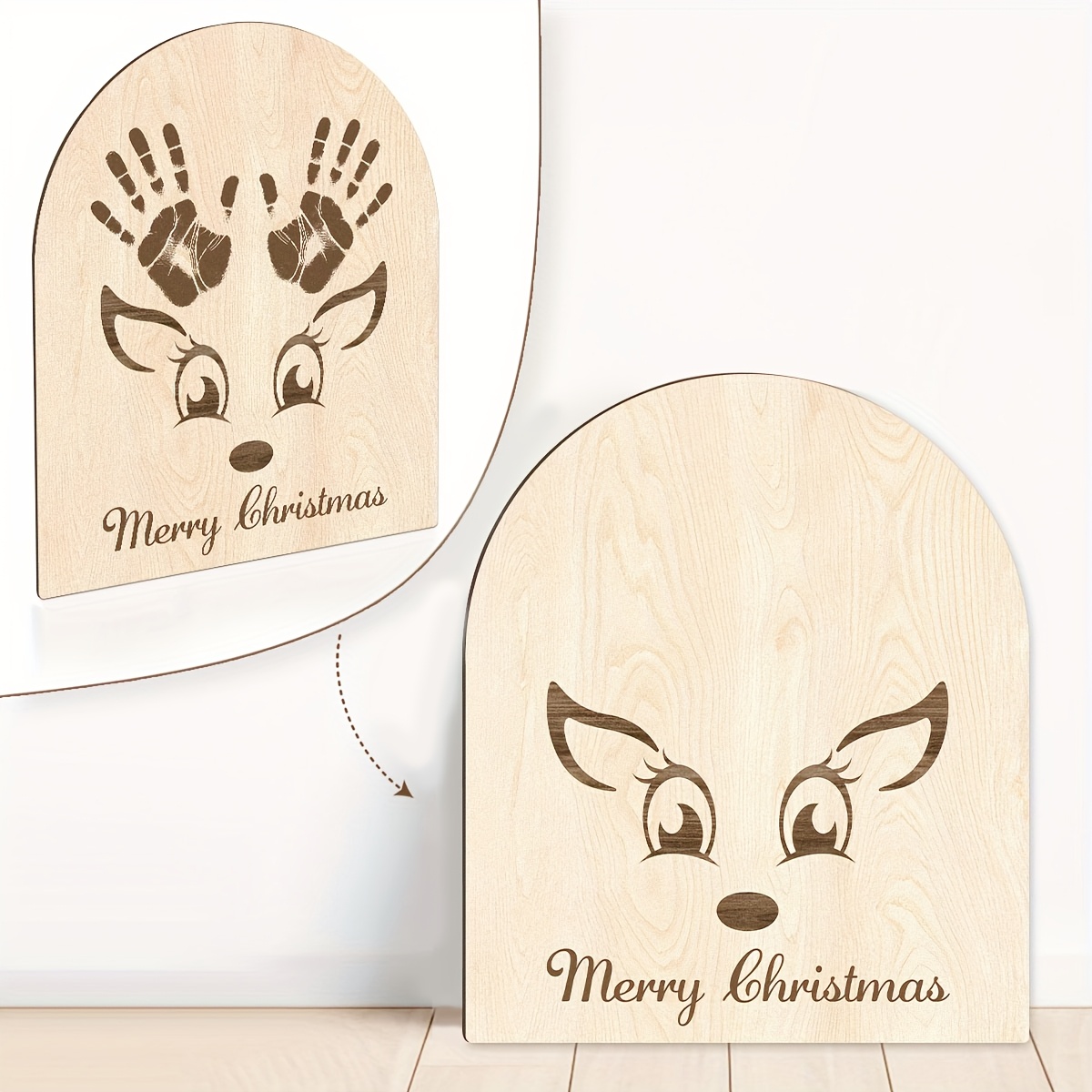 Image of 2d Flat, 2d Flat Diy Wooden Christmas Reindeer Handprint Memorial Sign- Footprint Name Sign, Wooden Wall Hanging Decoration, Unfinished Memory Ornament, 2d Flat Surface, 2d Flat
