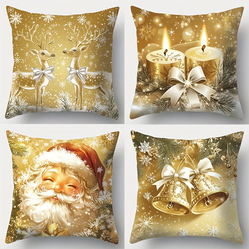 

4pcs Golden Christmas Pillow Covers Set - Santa & , Soft Polyester, Zip Closure, Machine Washable - Living Room Sofa Decor (pillow Inserts Not Included), Christmas Decor