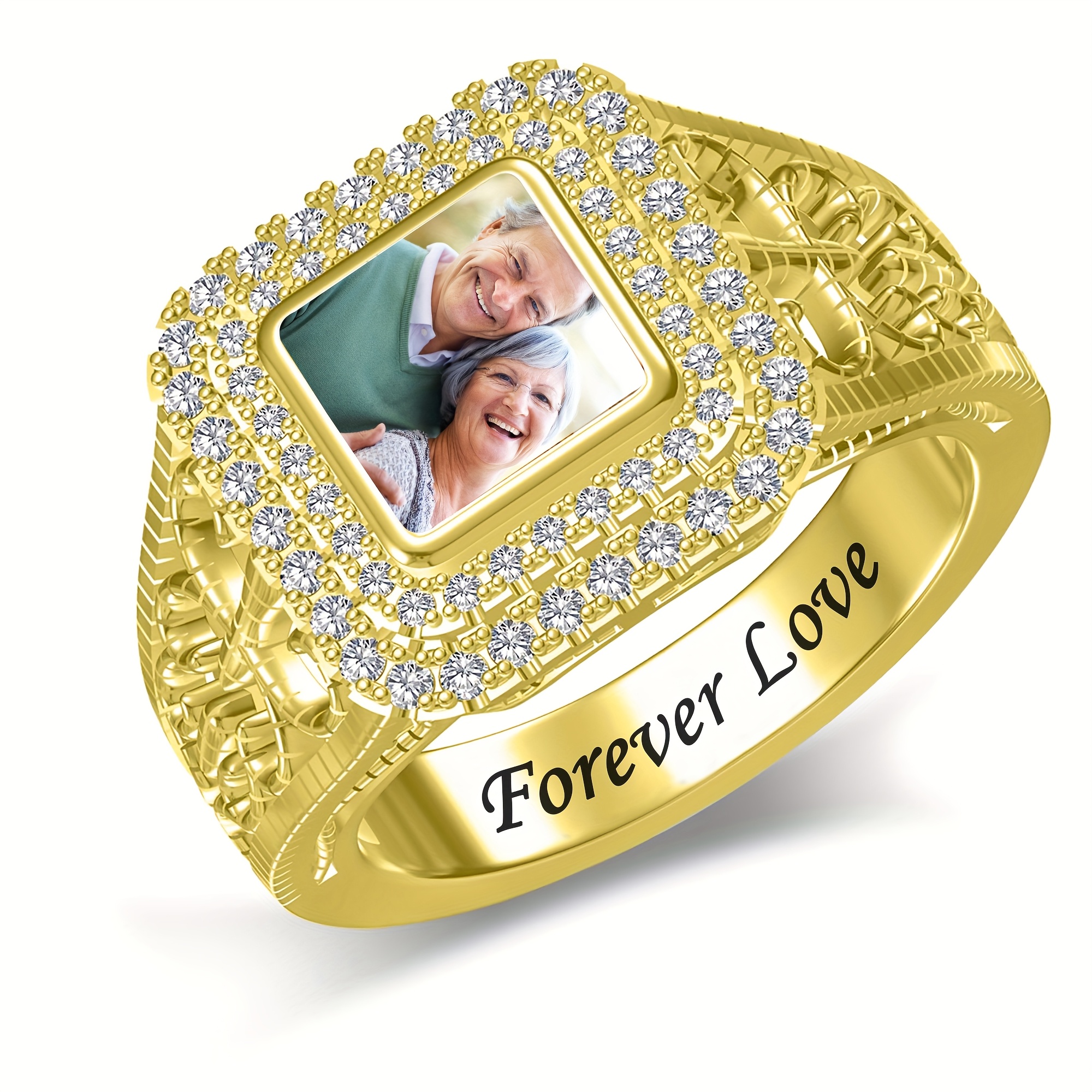 TEMU [customized] 1pc Women's Fashionable And Elegant High-end Ring, Inlaid With Photos/engraved With Personalized Text, Rhodium-plated Copper