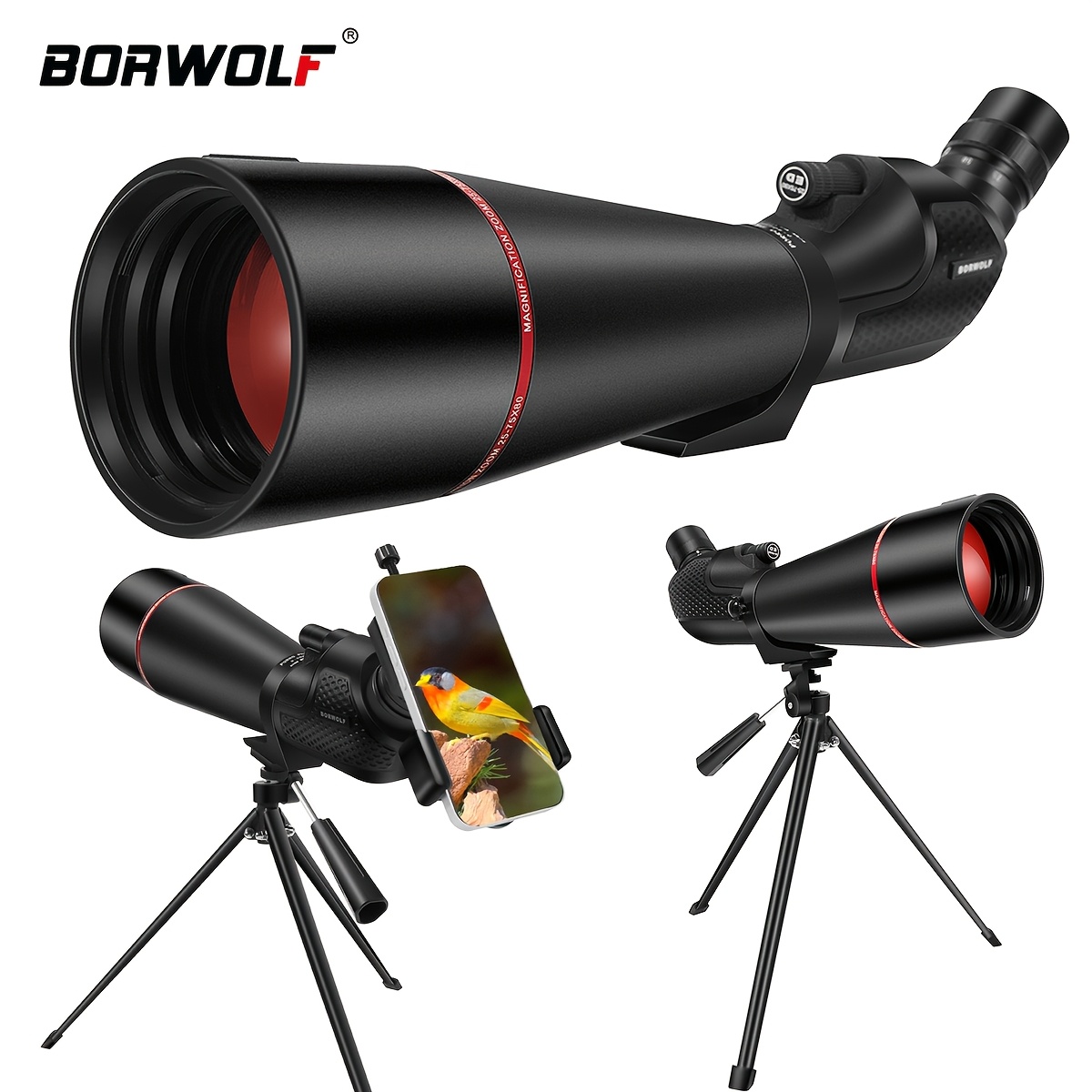 Borwolf 25-75x80 Telescope Scope Powerful Zoom Monocular For Bird Watching Shotting With Tripod