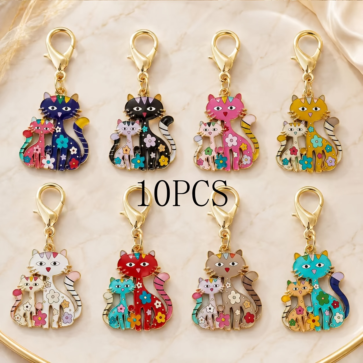 TEMU 10pcs Parent- Cats Keychain - Cute Alloy Metal Key Rings With Lobster Clasp, Ideal Birthday Gift For Women And Ladys, Multi-functional Bag Charm