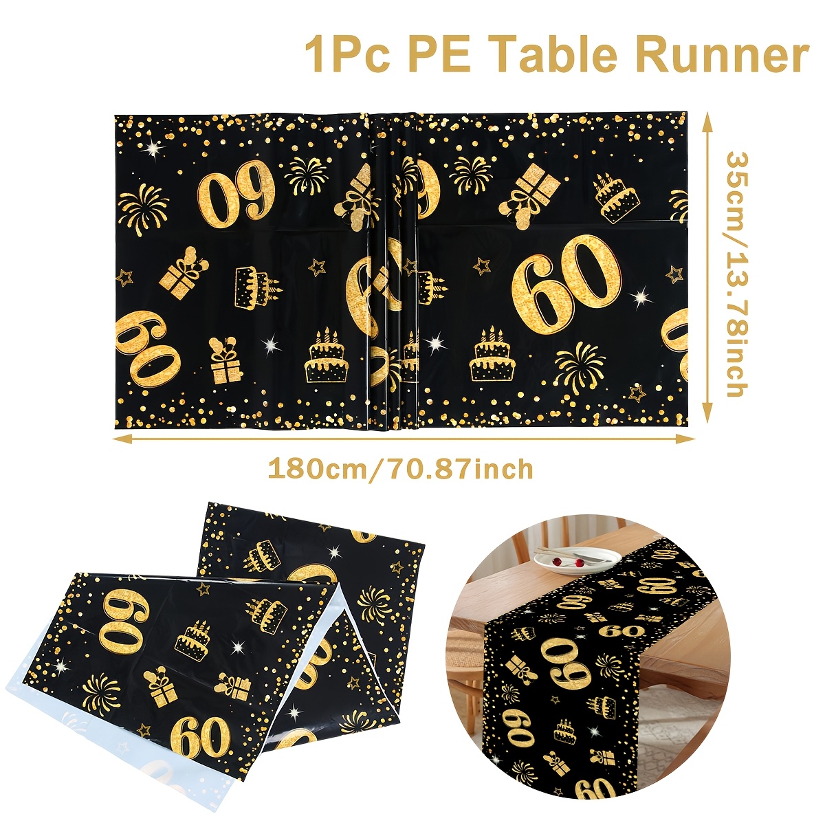E-shop ., Luxuriöser schwarzer goldener 60. Geburtstag PE Tischläufer, 180 x 35 cm, Schwarzer goldener 60 Jahre altes Geschenkbox Kuchenmuster