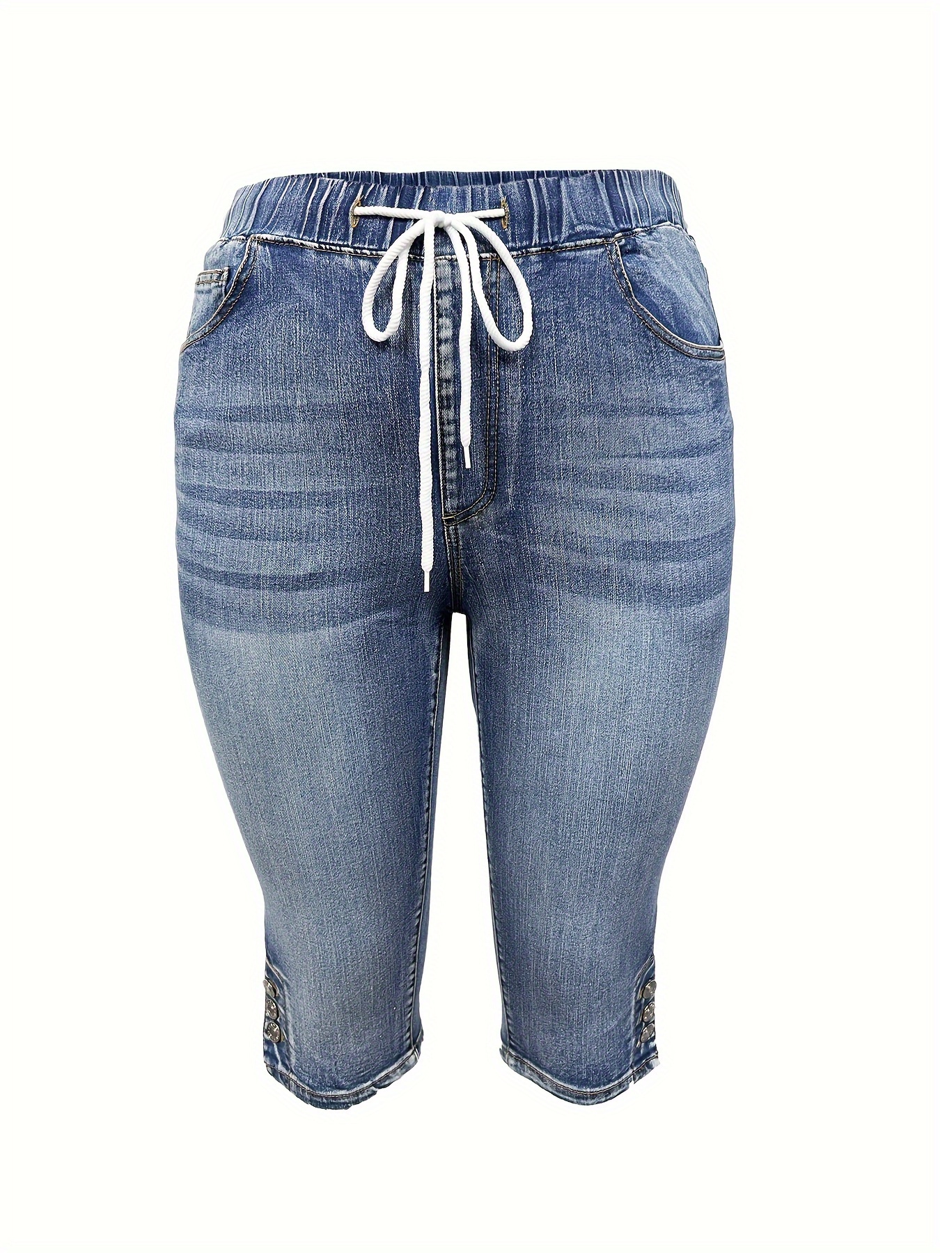 Elastic Waist Drawstring Side Buttons Capri Jeans Whiskering - Temu
