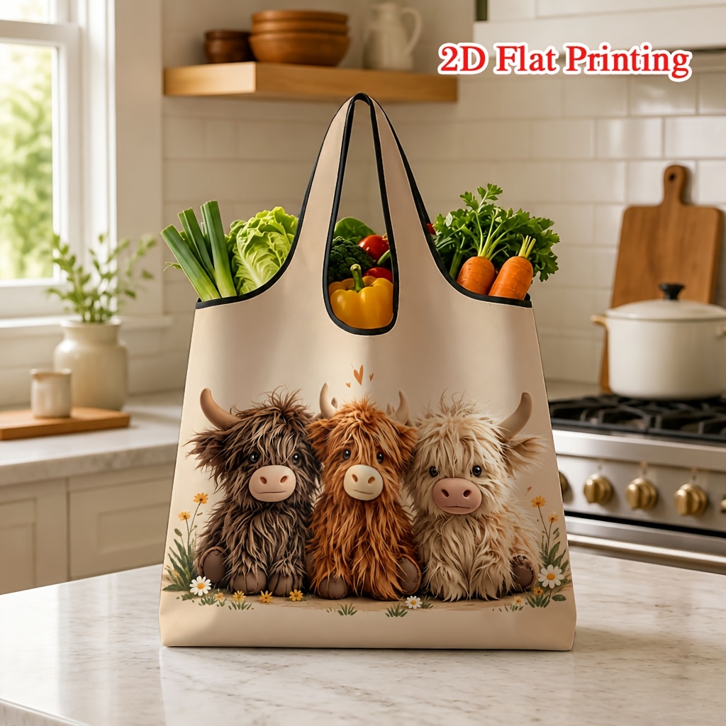 TEMU 1pc Cute Long-haired Highland Calf With 3 And Floral Heart Pattern 2d Printed Shopping Bag, Suitable For Grocery Shopping And Travel, Machine