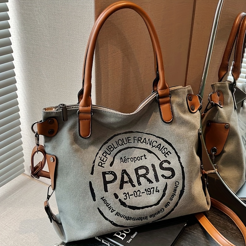 TEMU New Canvas Letter Decoration Metal Rivet Decoration Shoulder Bag A Handbag A Crossbody Bag Suitable For Short Trips Storage Bag