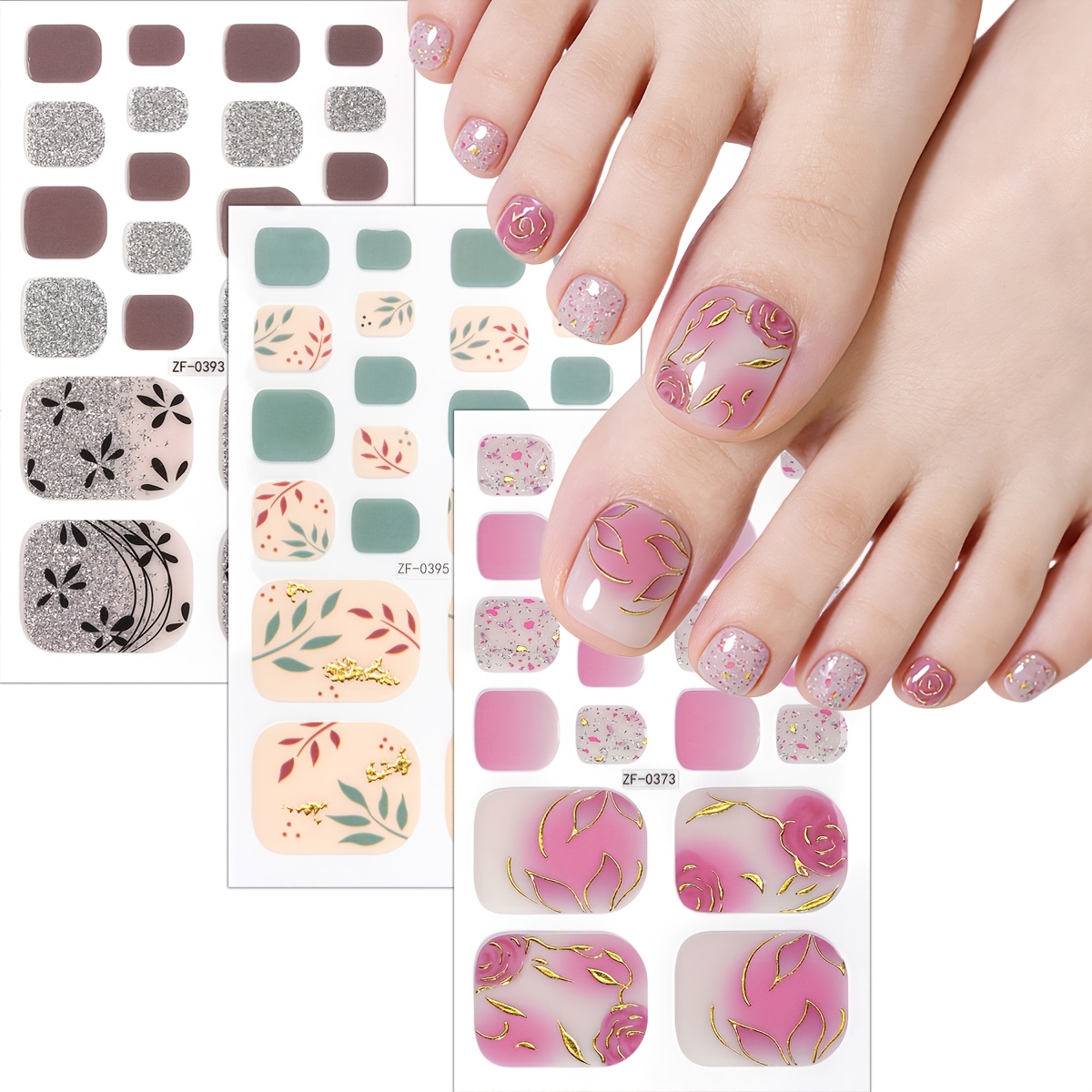 3 Sheets Toe Nail Strips, Spring&summer Toe Nail Wraps, Long-lasting Self-adhesive Toe Nail Stickers, Brown Green Floral Glitter Design, , For Women&girls, Easy To Apply&remove, , Manicure Stickers