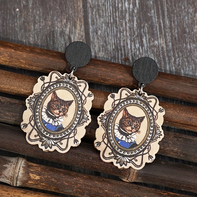 Vintage Boho Wooden Drop Earrings with Cat Design