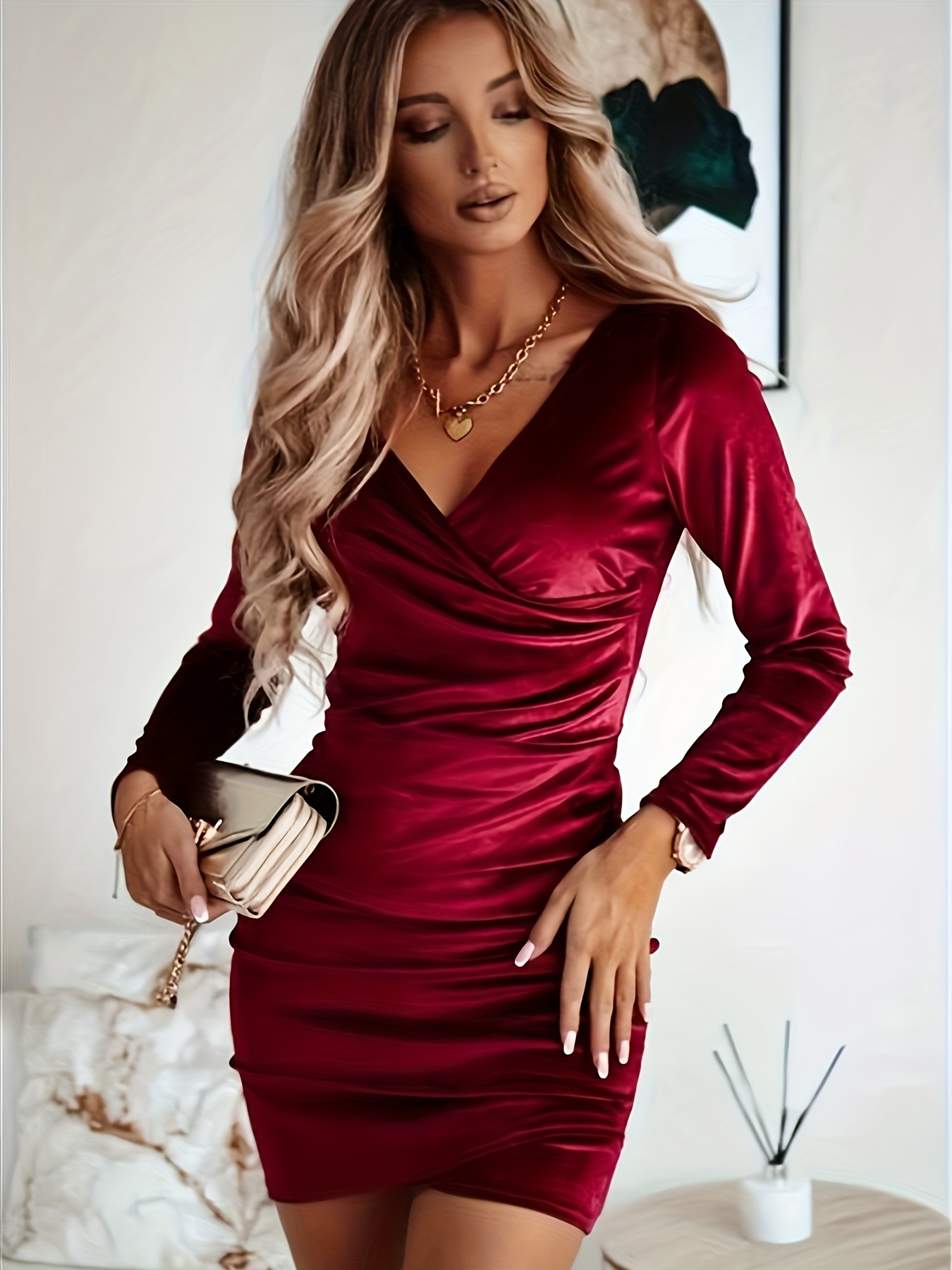 V-Neck Short Bodycon Dress - *-Fit Short Length (above knee/hipster length)  Long Sleeve Solid Color Dress, Machine Washable * Wedding Outfit for  Fall/Winter, Elegant Tailored Dress