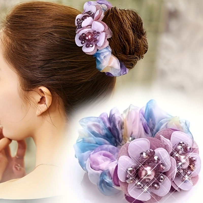 Blumen-Haargummis Groß – 3 Stück, Schwarz, Blau, Beige, Dehnbar, Für Pferdeschwanz & Dutt, Floraler Look
