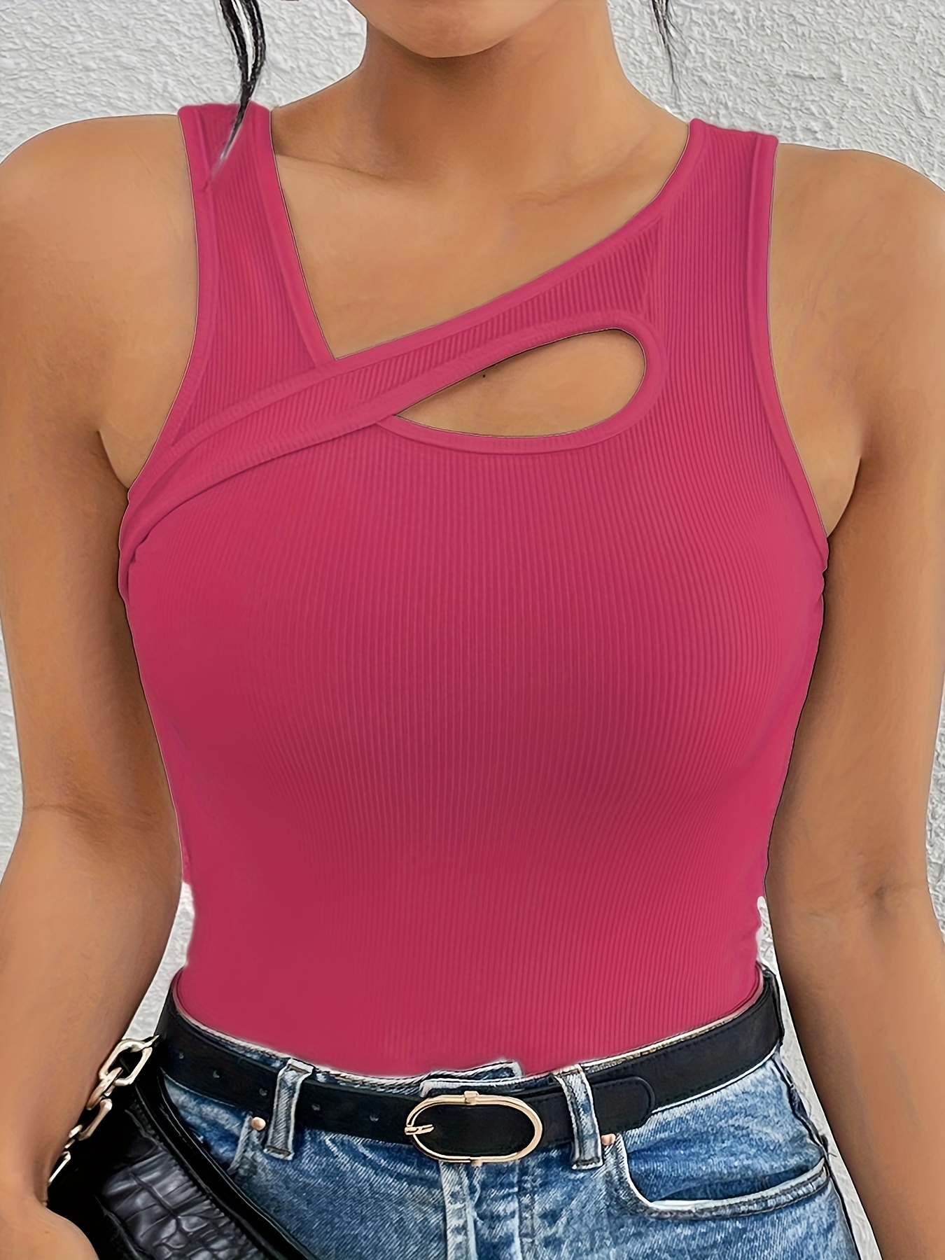 Women's Sexy Slim Fit Sleeveless Boat Neck Tank Top - Stretchy Knit Fabric with Keyhole Cutouts, All-Season Versatile Wear, Machine Washable Solid Color, Ladies Tank Tops