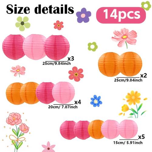 lot de lanternes en papier -orange, tailles assorties 15 cm/20 cm/25 cm, ensemble de 14 pièces de lanternes en papier rouge , rose et orange, décorations de fête sur le thème floral de printemps, parfait pour les fêtes danniversaire, les enterrements de vie de fille, les