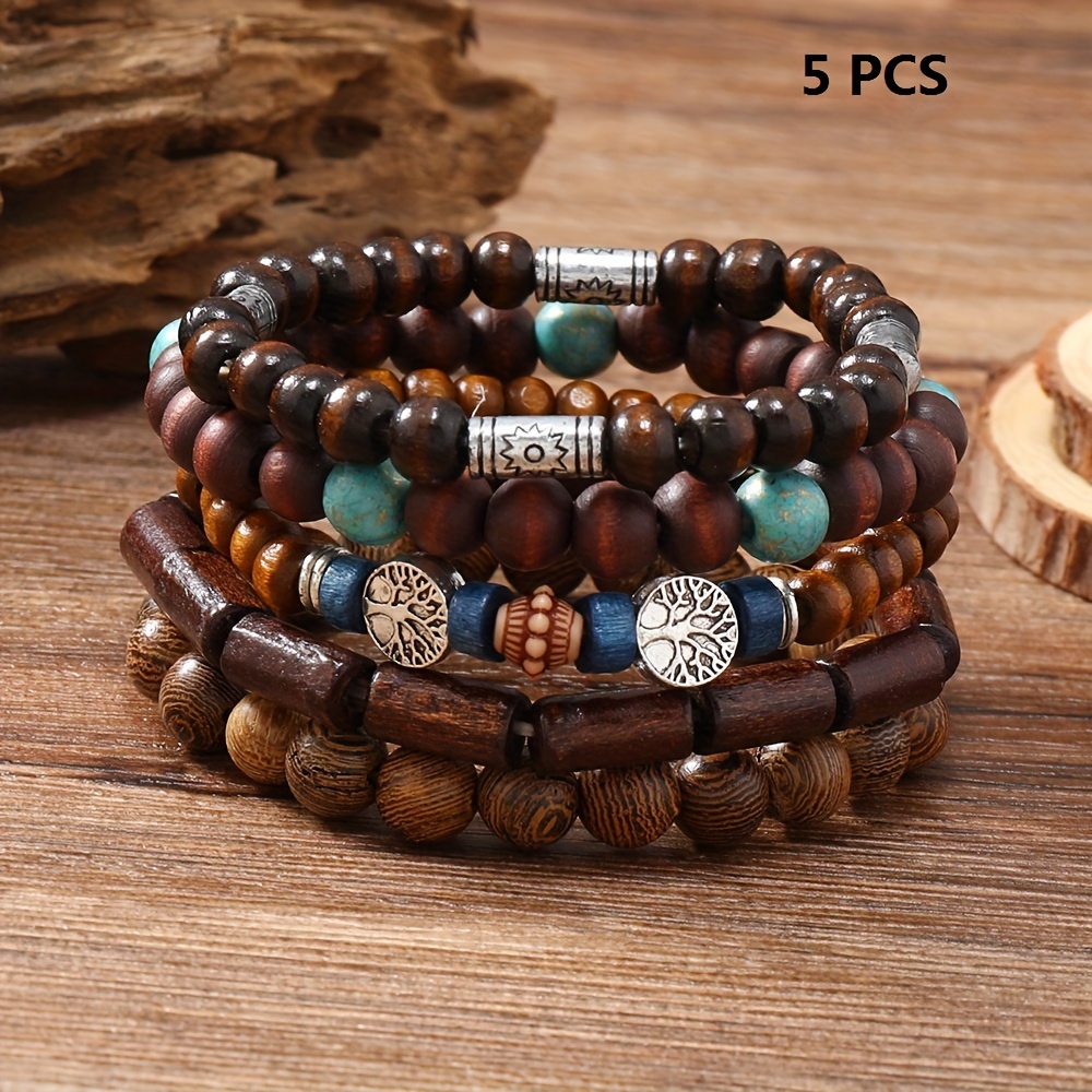 

5pcs/set Retro Simple Fashion Elastic Cool Bracelets, Wooden Bead Coconut Shell Bracelets, Daily Casual Commute Decoration For Men/women/couples, Father's Day Gift