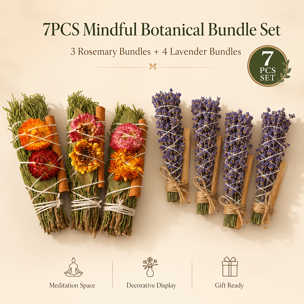 Image of 7pcs Mindful Botanical Bundle Set, 3 Decorative Rosemary Bundles And 4 Lavender Bundles With Wood Accents, Hand-tied Set For Meditation Corners, Relaxing Spaces And Home Decor