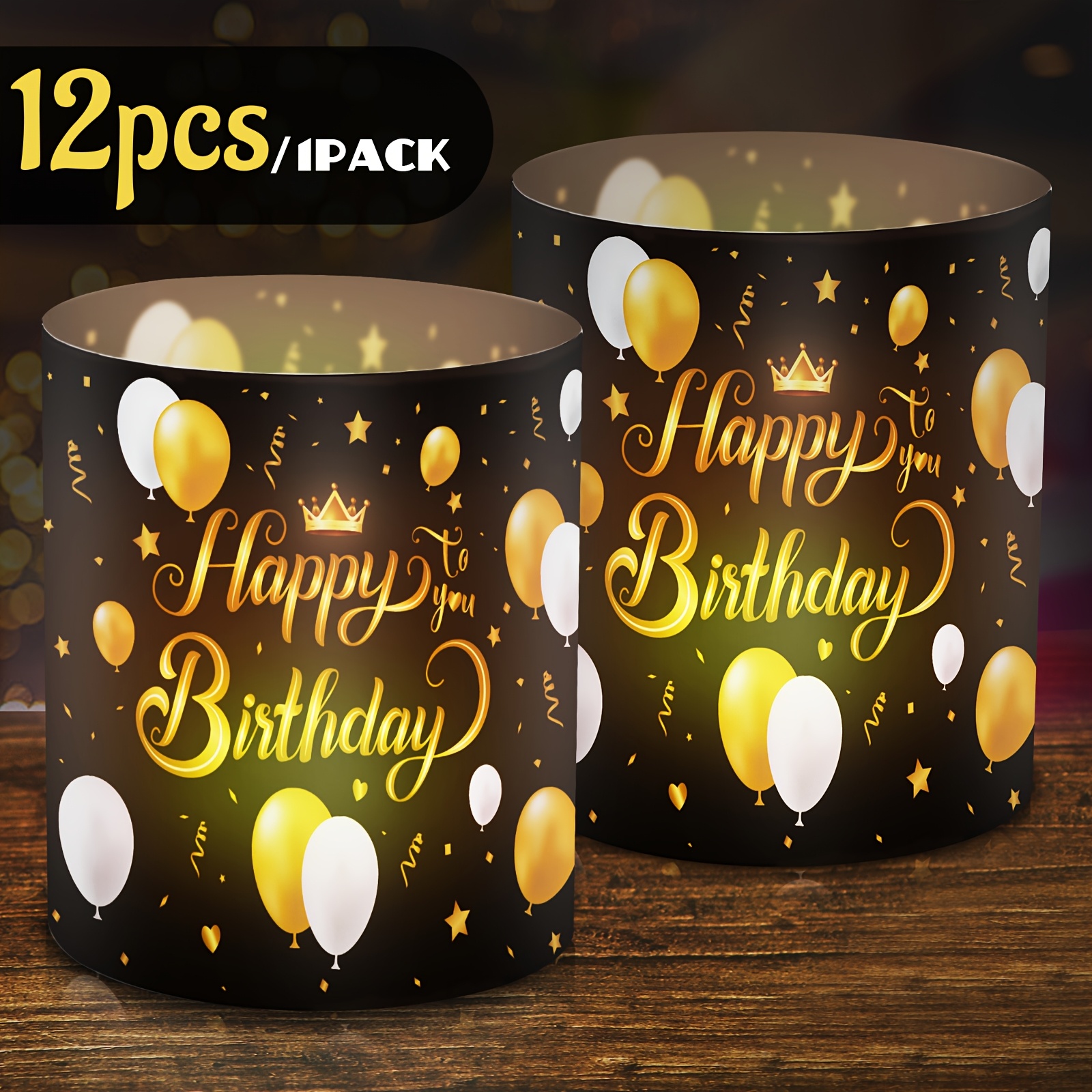 TEMU 12-pack Black & Golden Birthday Candle Holders, Plastic Tea Light Covers With Happy Birthday & , No Electricity Needed, Featherless Party Decorations