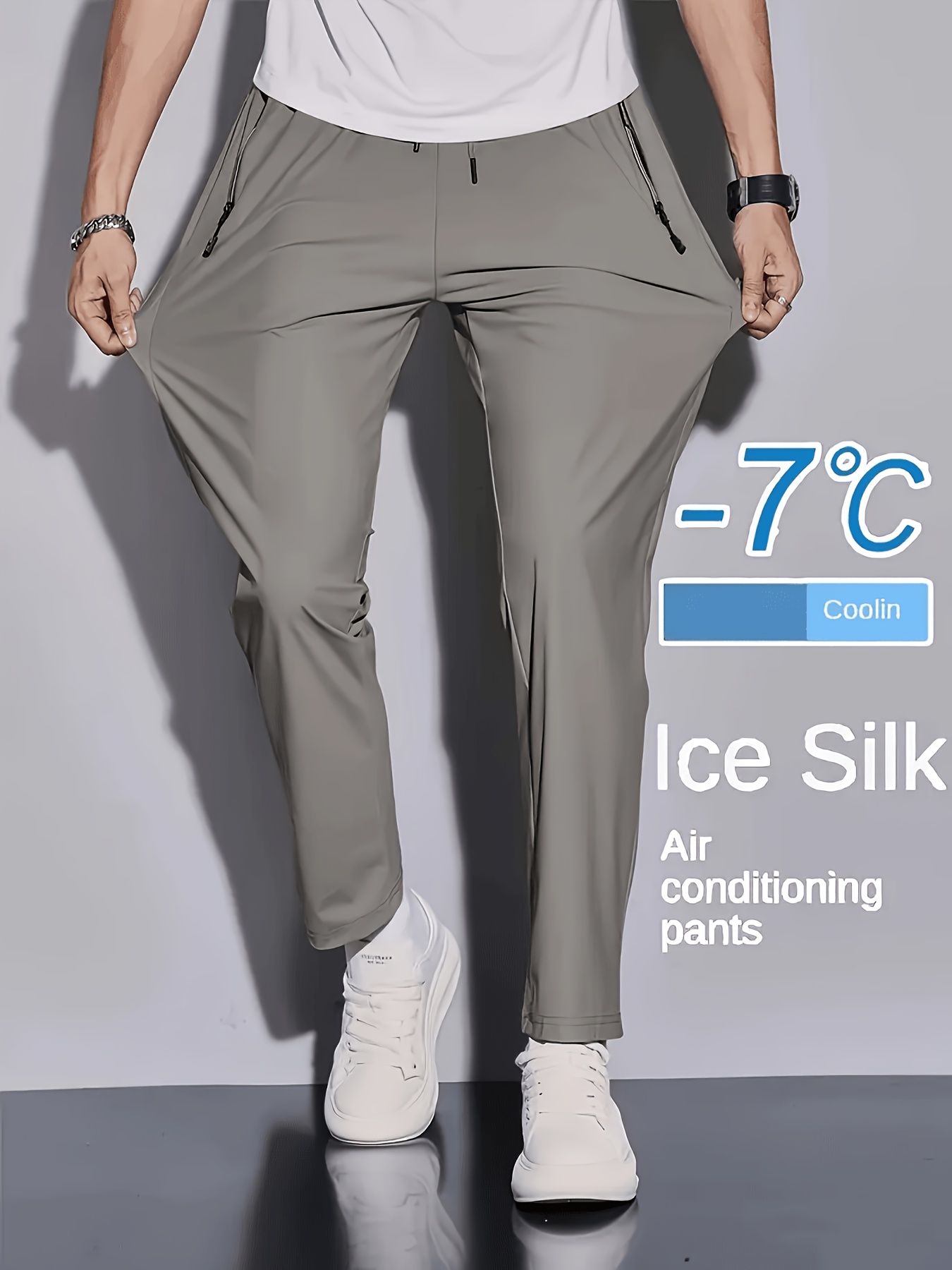 mens summer lightweight   straight trousers cool quick dry casual pants adjustable drawstring waist and zipper pockets high elastic solid color trousers black gray khaki green
