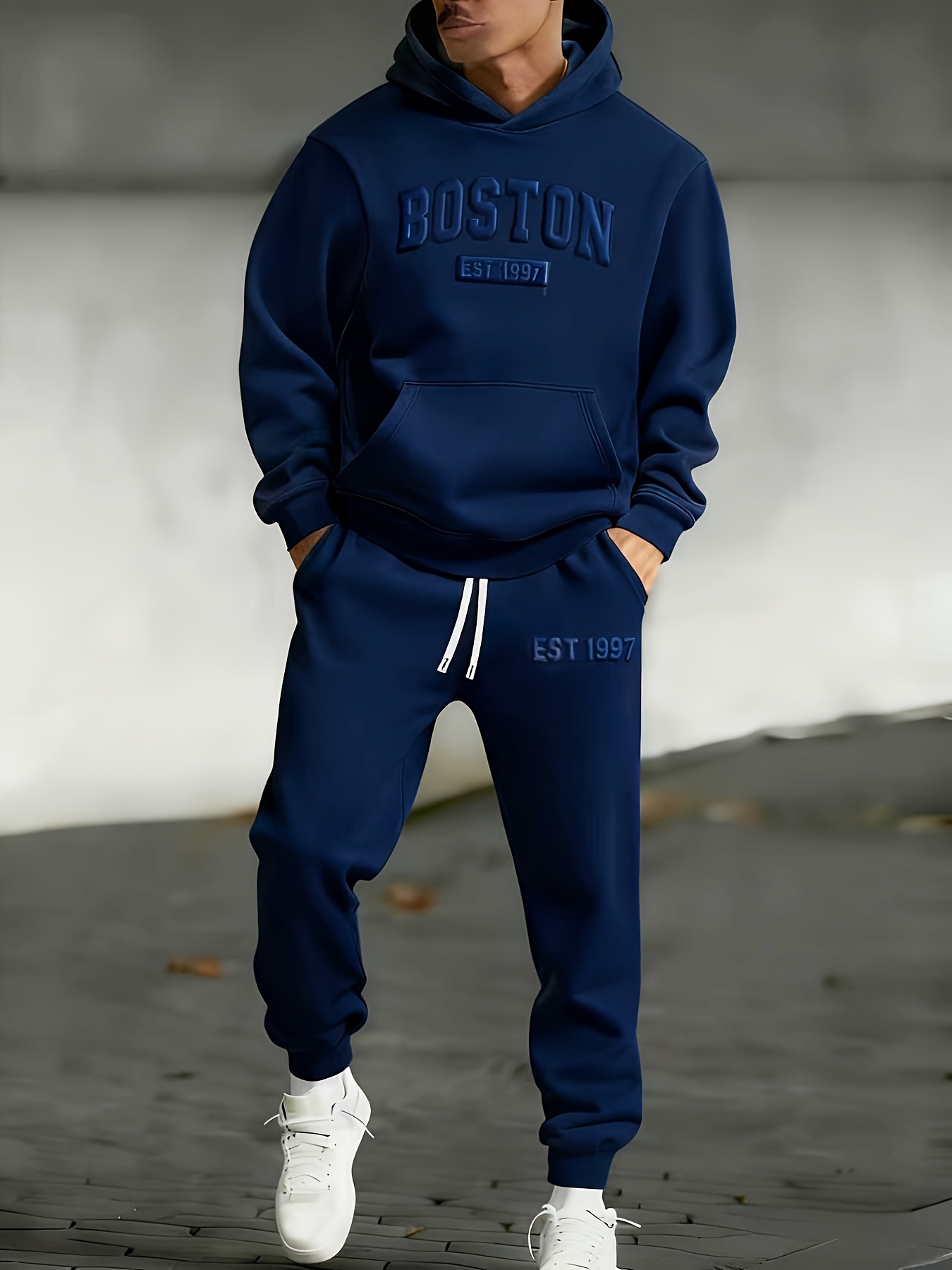 boston print autumn winter mens set warm and comfortable two piece hooded long sleeve sweatshirt and pants 3d embossed print lined thickened trendy   sportswear Product details 1