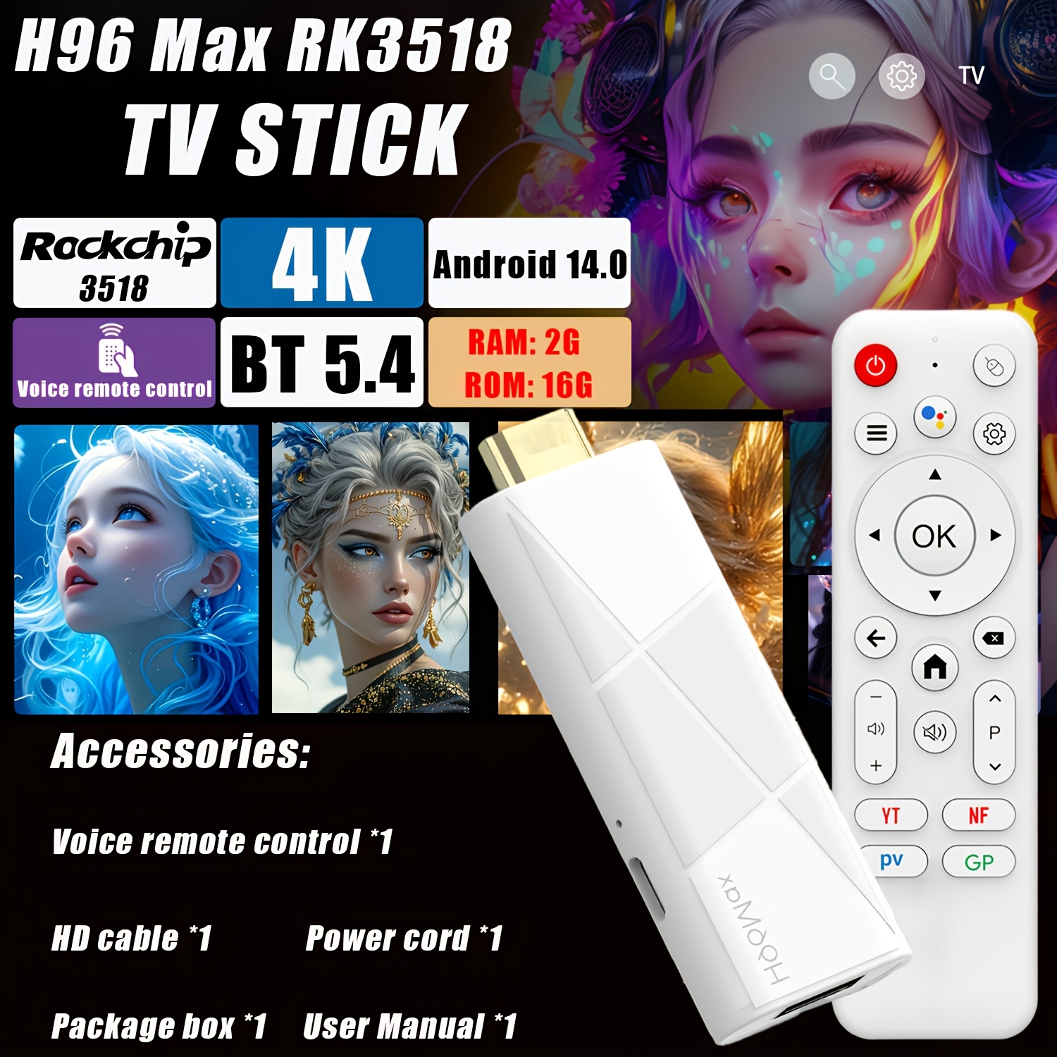Dispositivo H96 Max RK3518 Android 14.0 TV Stick - Streaming 4K@60fps, WiFi 6/sin varillas 5.4, Control Remoto por Voz, Reproductor Multimedia con USB para Smart TV, HDTV, Dispositivo Compacto para Netflix, YouTube y Juegos - Compatible con TVs/Monitores/Proyectores, Entretenimiento en Casa, Diseño Moderno, Electrónica de Alto Rendimiento